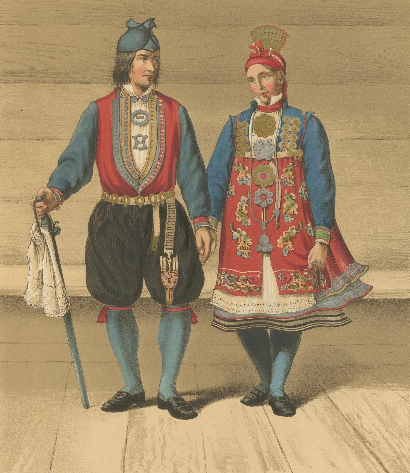 Metà XIX secolo Norwegian Bridal Attire – Saetersdalen Couple in Wedding Dress, 19th Century in vendita