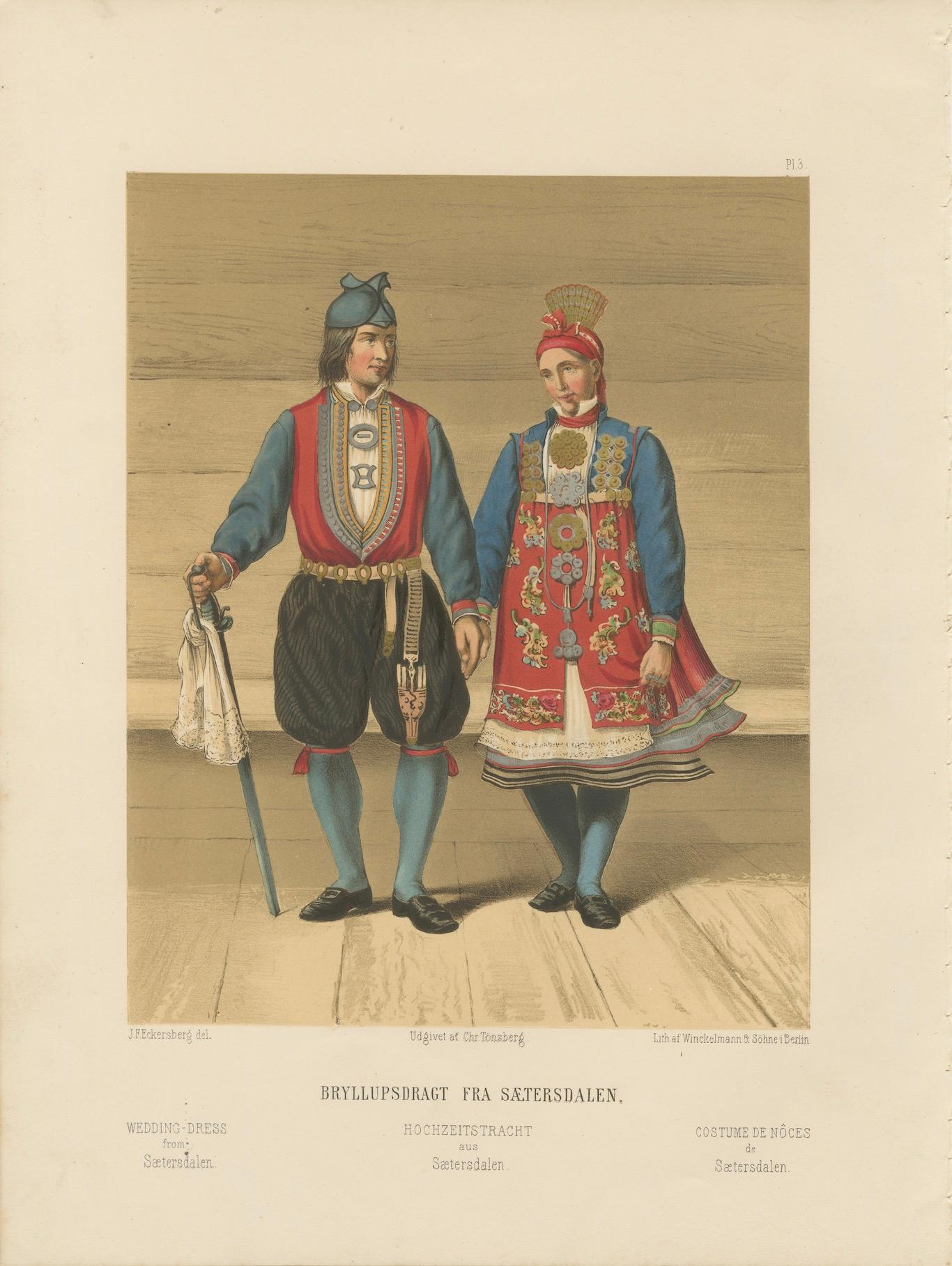 Carta Norwegian Bridal Attire – Saetersdalen Couple in Wedding Dress, 19th Century in vendita