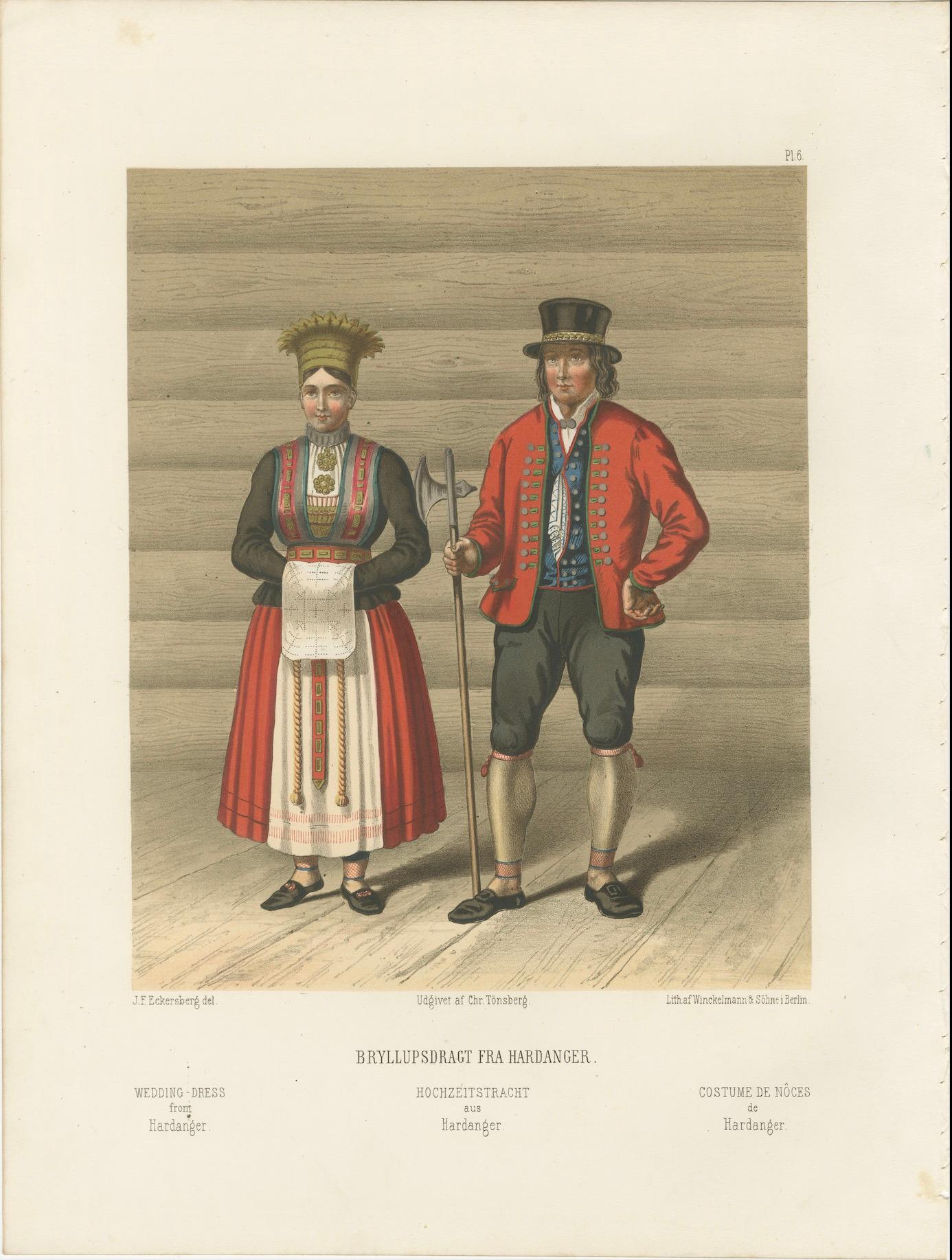 Norwegian Wedding Dress from Hardanger – Tonsberg Edition, 1860s

This vibrant 19th-century chromolithograph depicts a bride and groom in their traditional wedding costumes from Hardanger, a celebrated region of western Norway known for its rich
