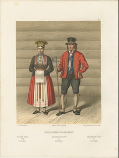 Norwegian Bride and Groom in Hardanger Dress – Antique Print, 1860s