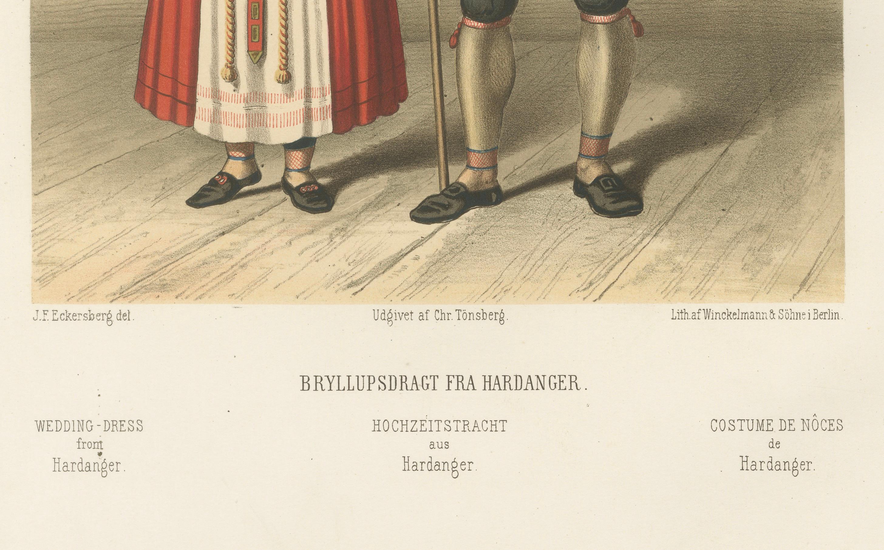 Norwegian Bride and Groom in Hardanger Dress – Antique Print, 1860s Alemán en venta