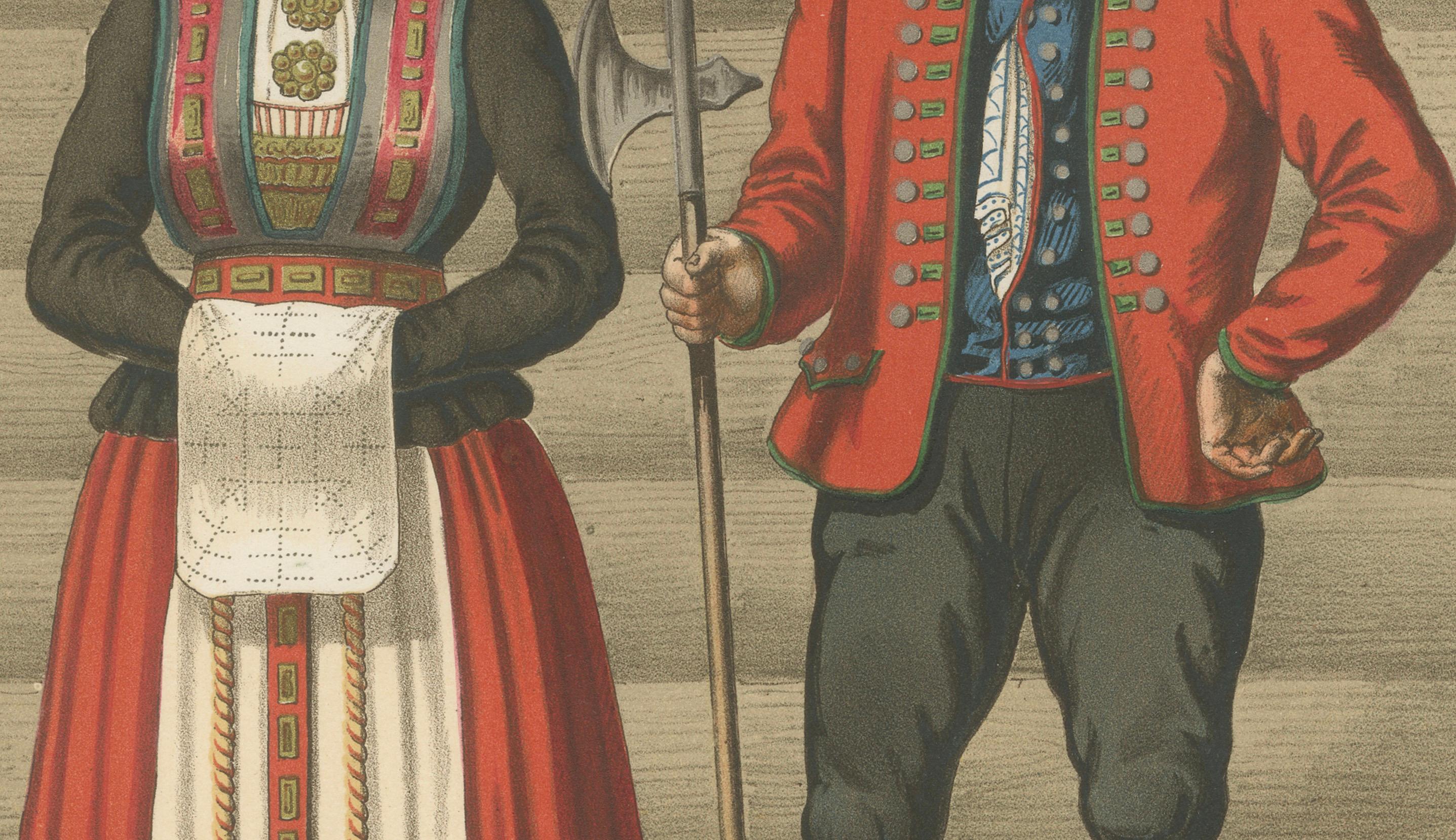 Norwegian Bride and Groom in Hardanger Dress – Antique Print, 1860s en Bueno estado para la venta en Langweer, NL