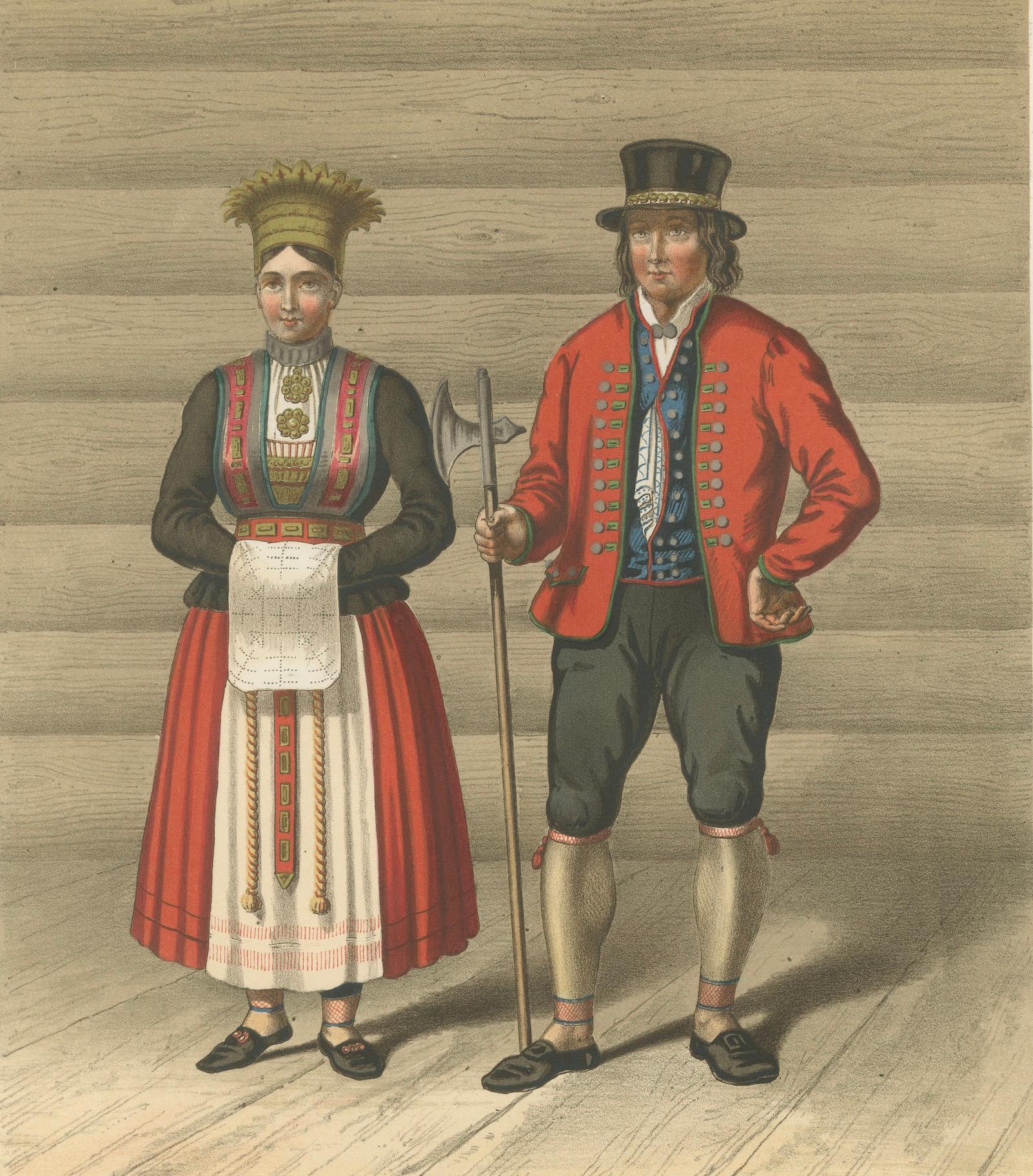Norwegian Bride and Groom in Hardanger Dress – Antique Print, 1860s Papel en venta