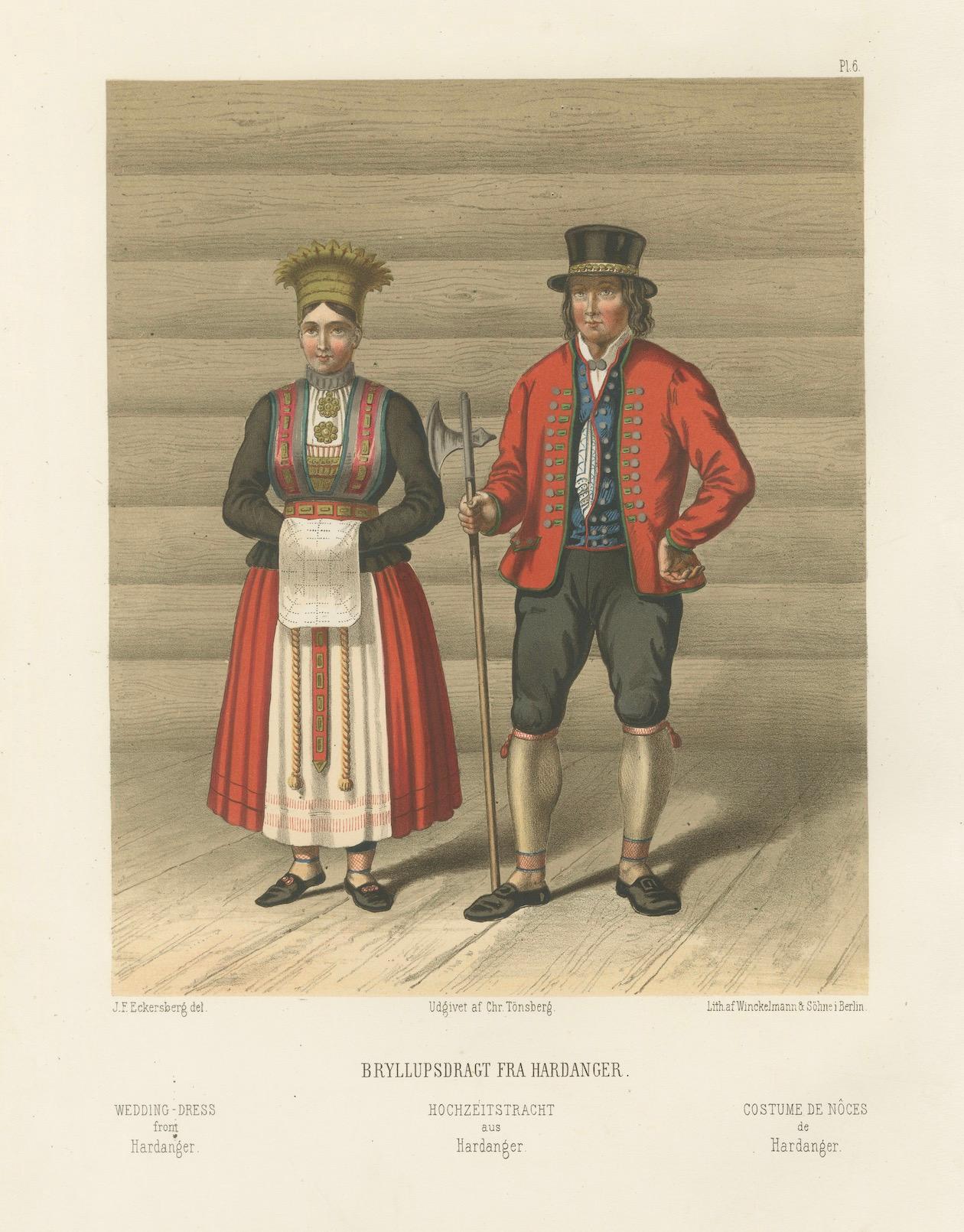Norwegian Bride and Groom in Hardanger Dress – Antique Print, 1860s en venta 1