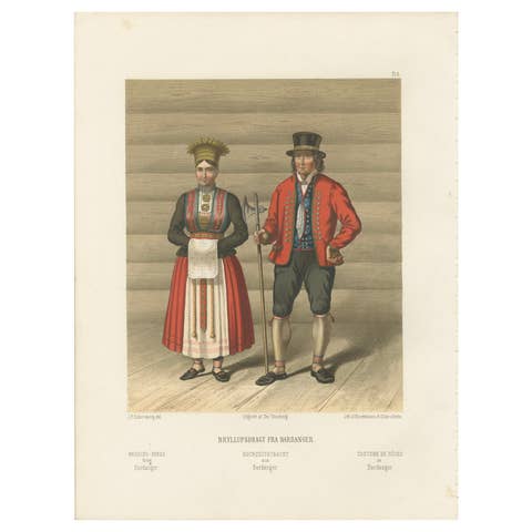 Norwegian Bride and Groom in Hardanger Dress – Antique Print, 1860s