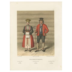 Norwegian Bride and Groom in Hardanger Dress – Antique Print, 1860s