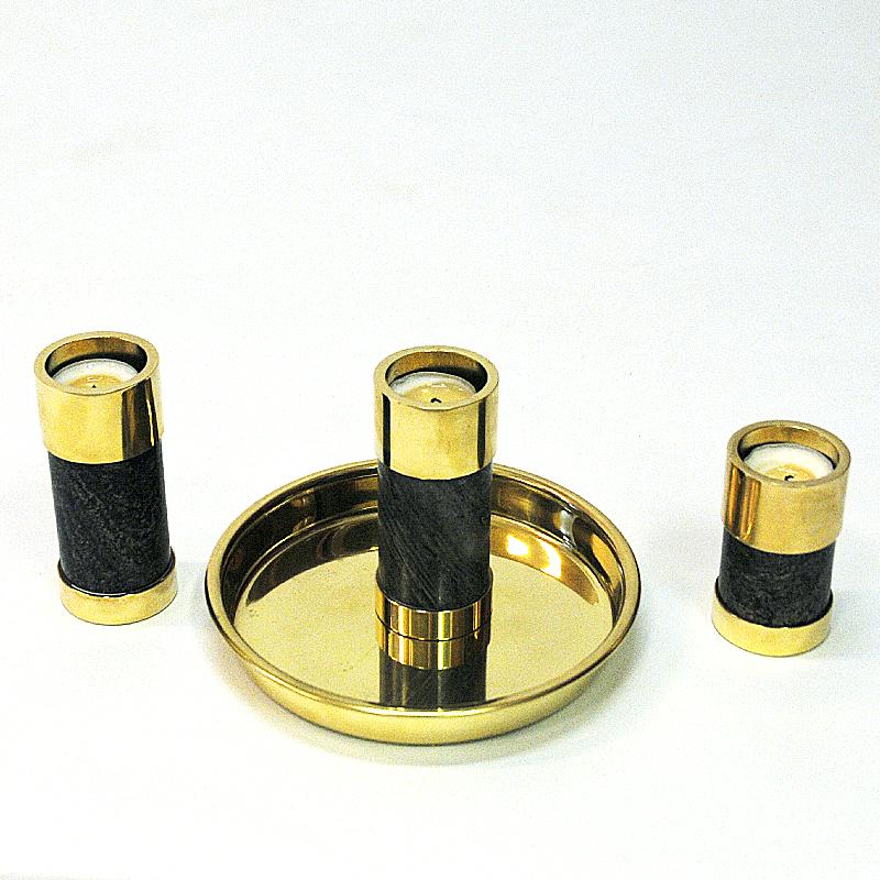 Polished Norwegian Candleholder Set of Three on a Brass Plate by Saulo, Sulitjelma, 1970s