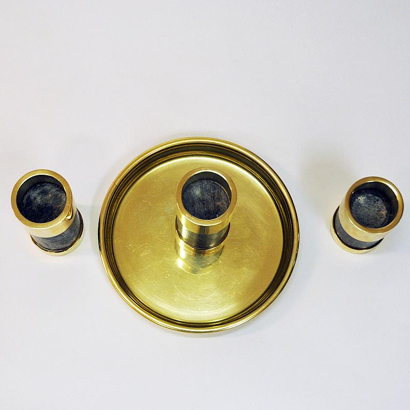 Norwegian Candleholder Set of Three on a Brass Plate by Saulo, Sulitjelma, 1970s In Good Condition In Stockholm, SE