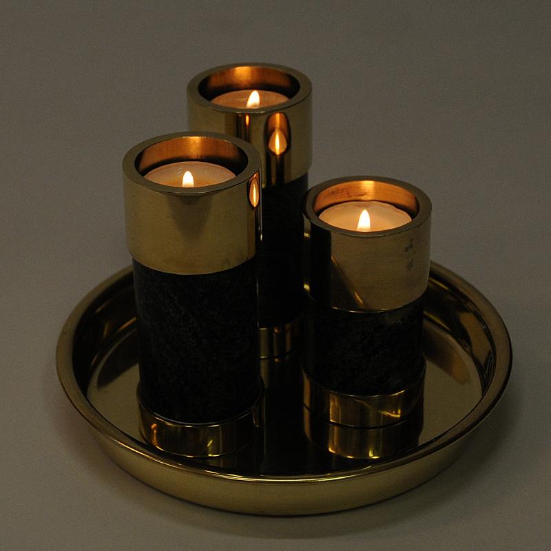 Norwegian Candleholder Set of Three on a Brass Plate by Saulo, Sulitjelma, 1970s 1