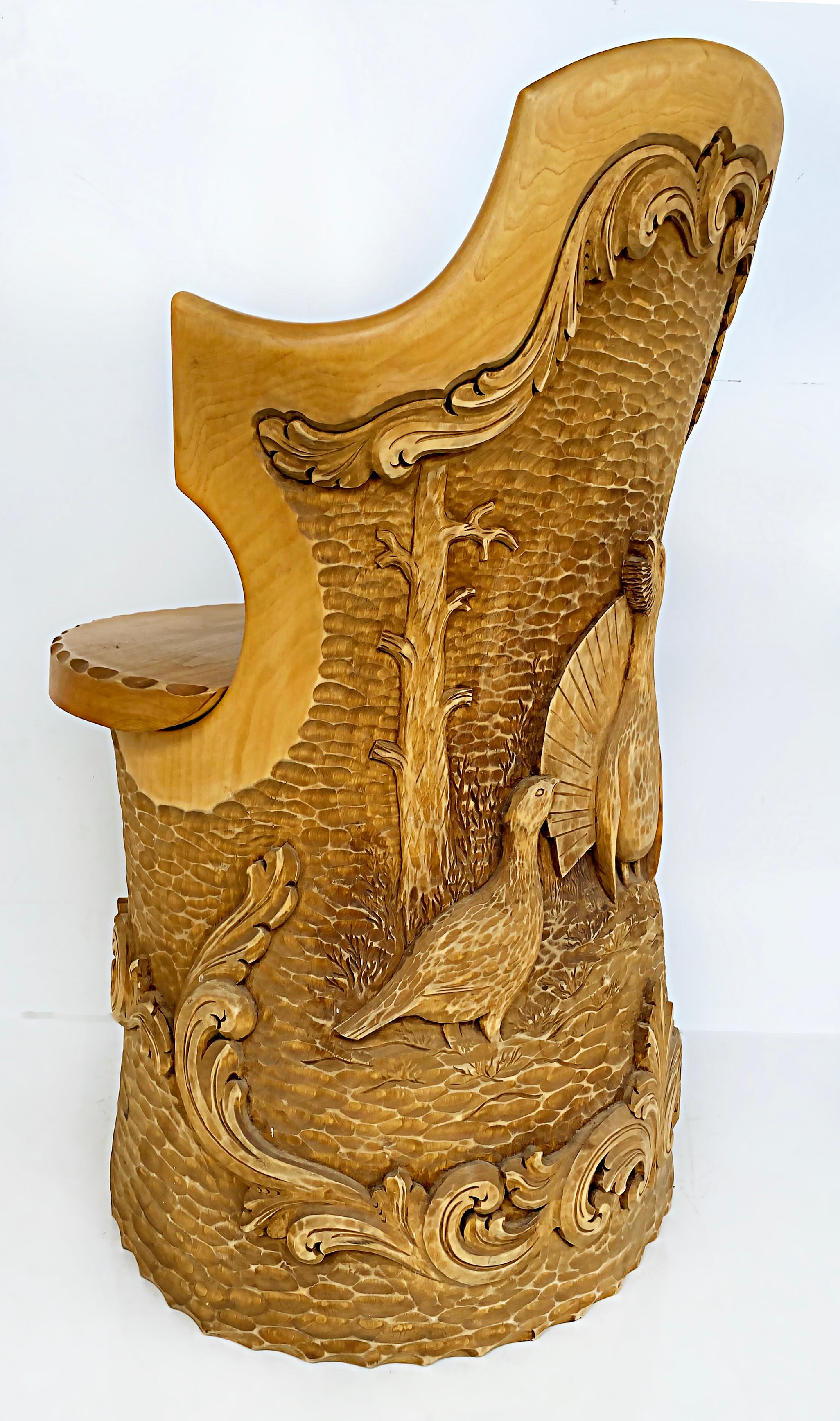 Norwegian Carved Kubbestol Chairs Hand-Carved Tree Trunks with Birds and Turkey For Sale 3