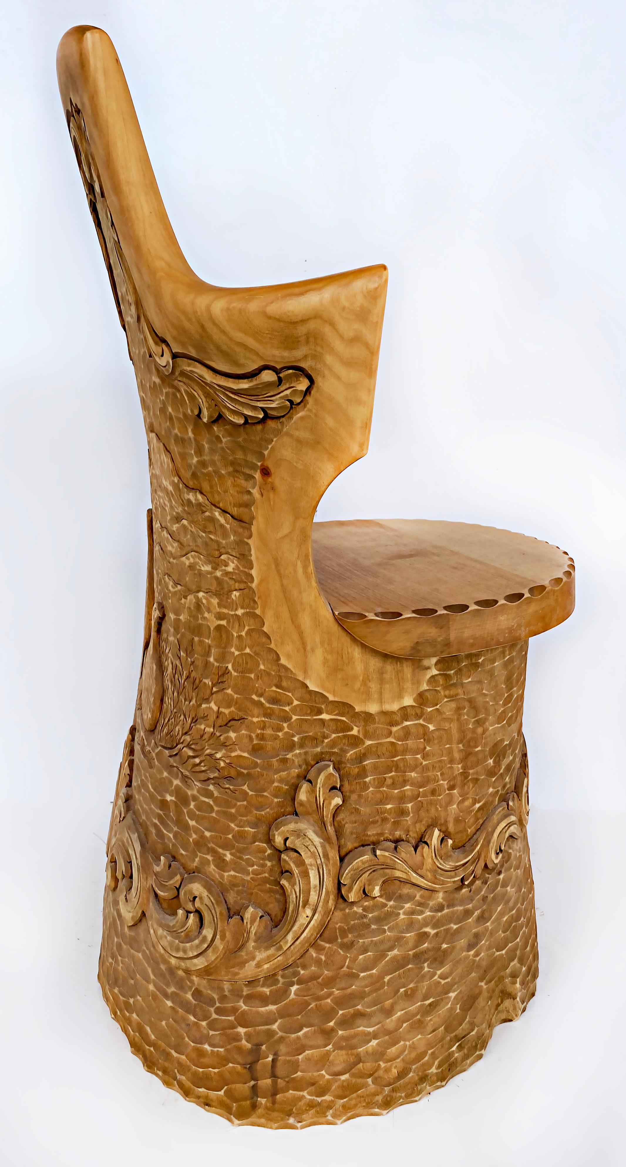 Norwegian Carved Kubbestol Chairs Hand-Carved Tree Trunks with Birds and Turkey For Sale 4