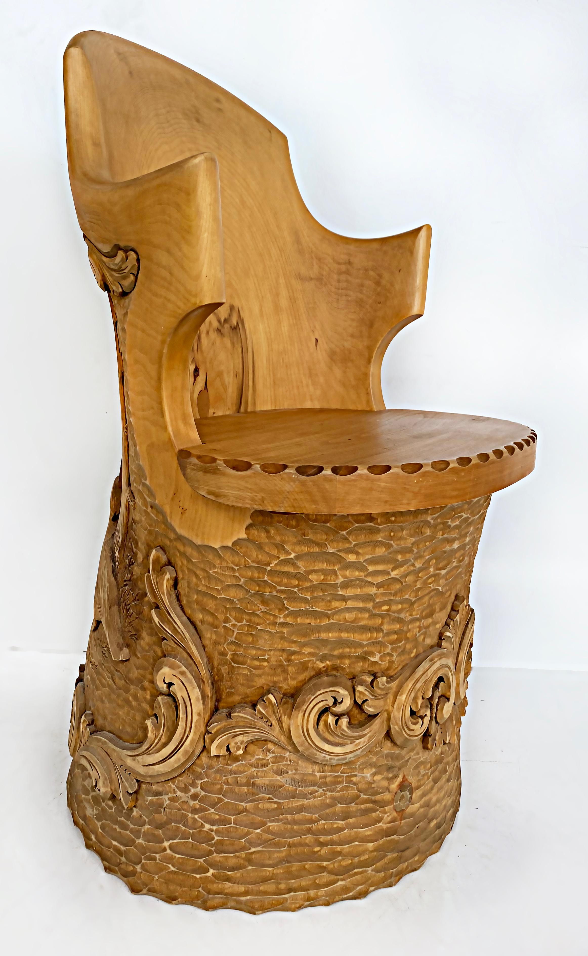 Norwegian Carved Kubbestol Chairs Hand-Carved Tree Trunks with Birds and Turkey For Sale 7