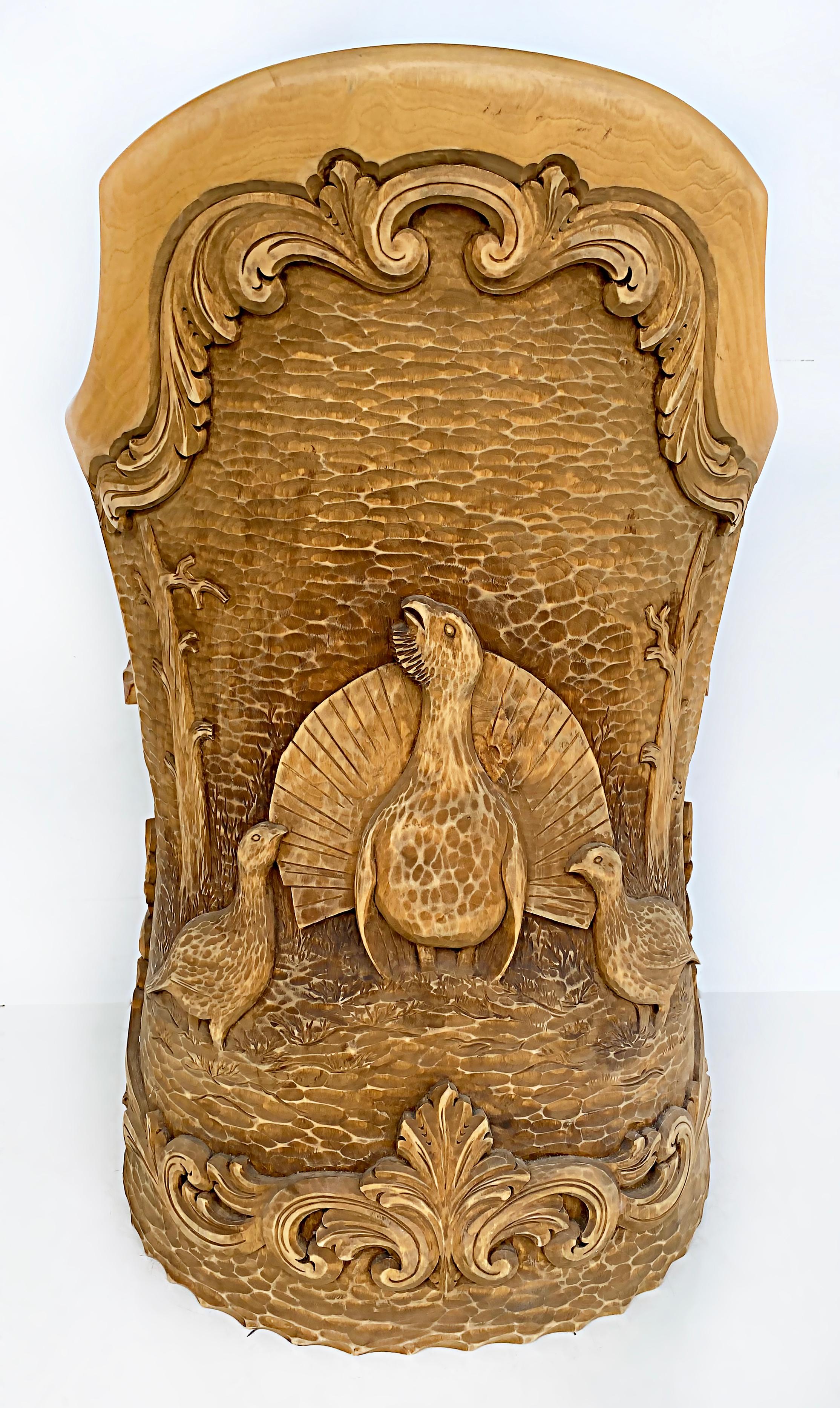 Norwegian Carved Kubbestol Chairs Hand-Carved Tree Trunks with Birds and Turkey In Good Condition For Sale In Miami, FL
