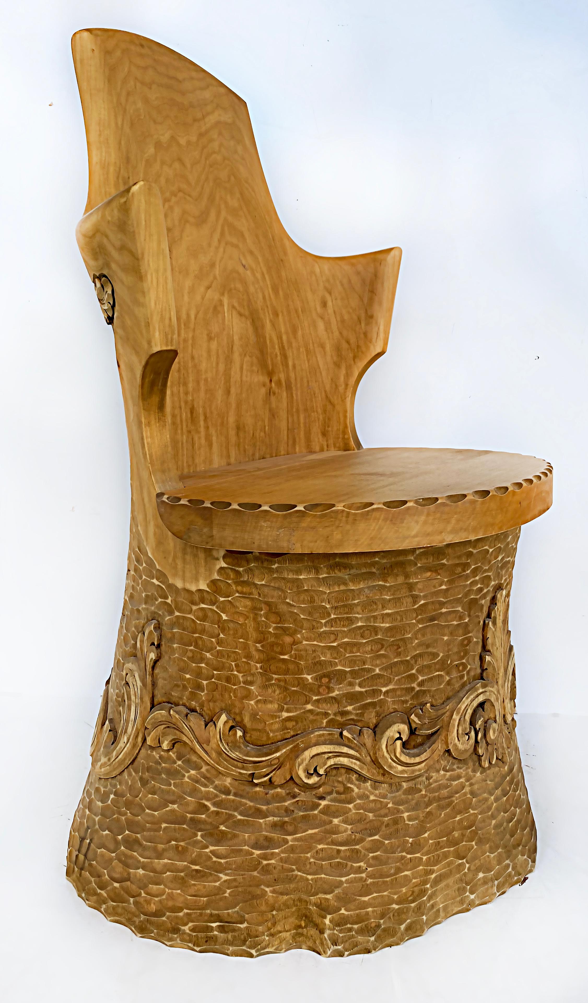 20th Century Norwegian Carved Kubbestol Chairs Hand-Carved Tree Trunks with Birds and Turkey For Sale