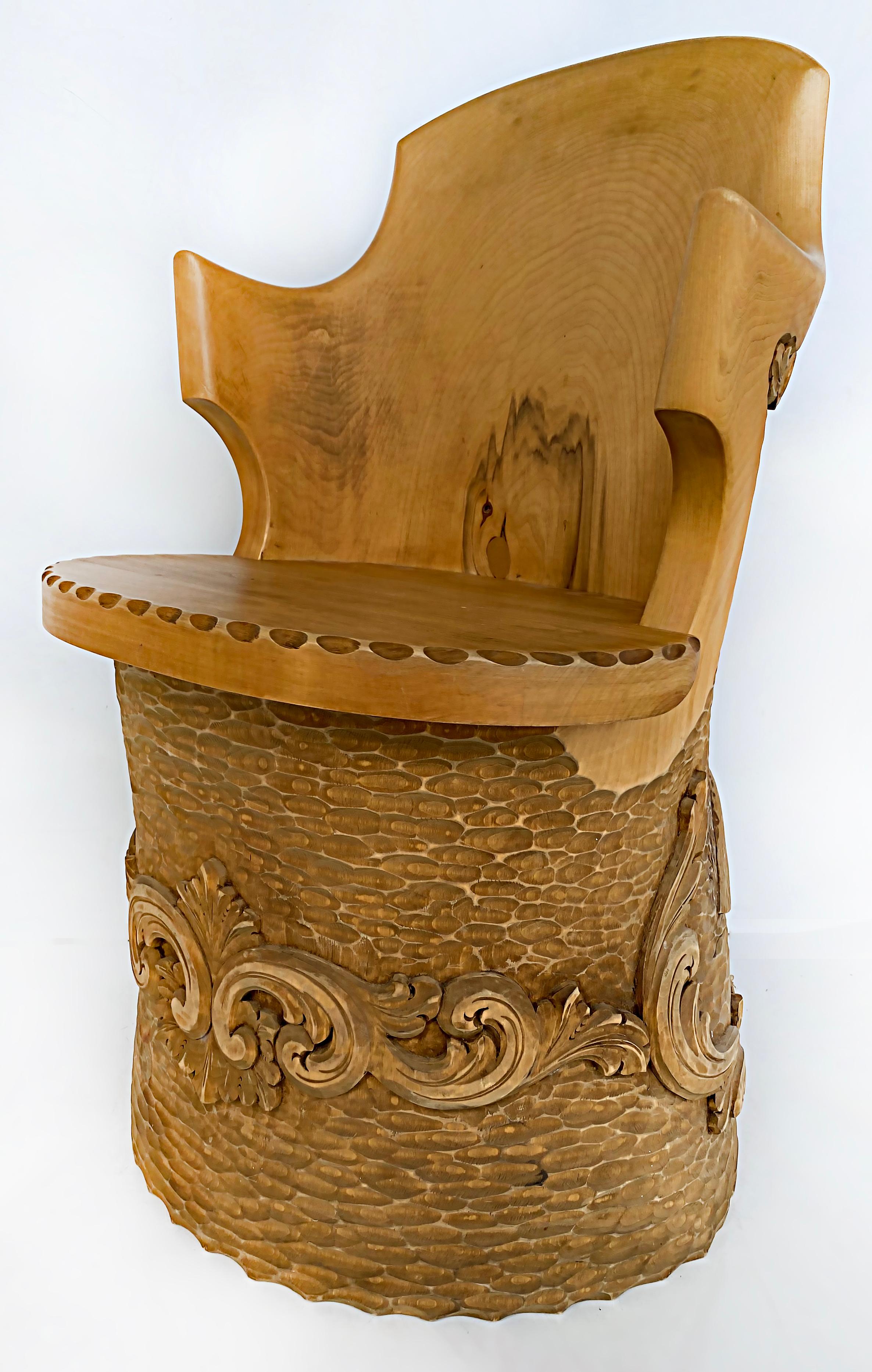 Wood Norwegian Carved Kubbestol Chairs Hand-Carved Tree Trunks with Birds and Turkey For Sale