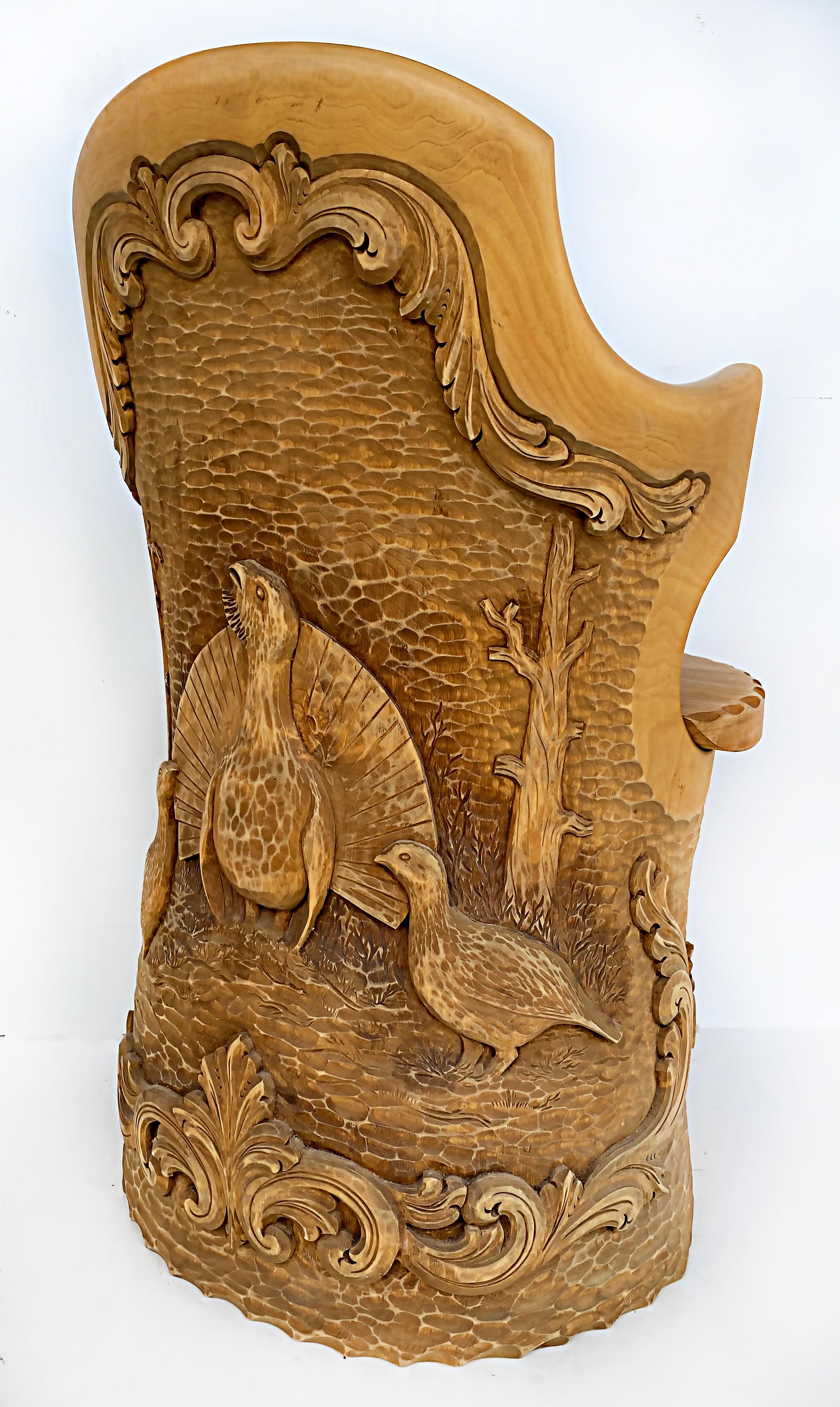 Norwegian Carved Kubbestol Chairs Hand-Carved Tree Trunks with Birds and Turkey For Sale 1
