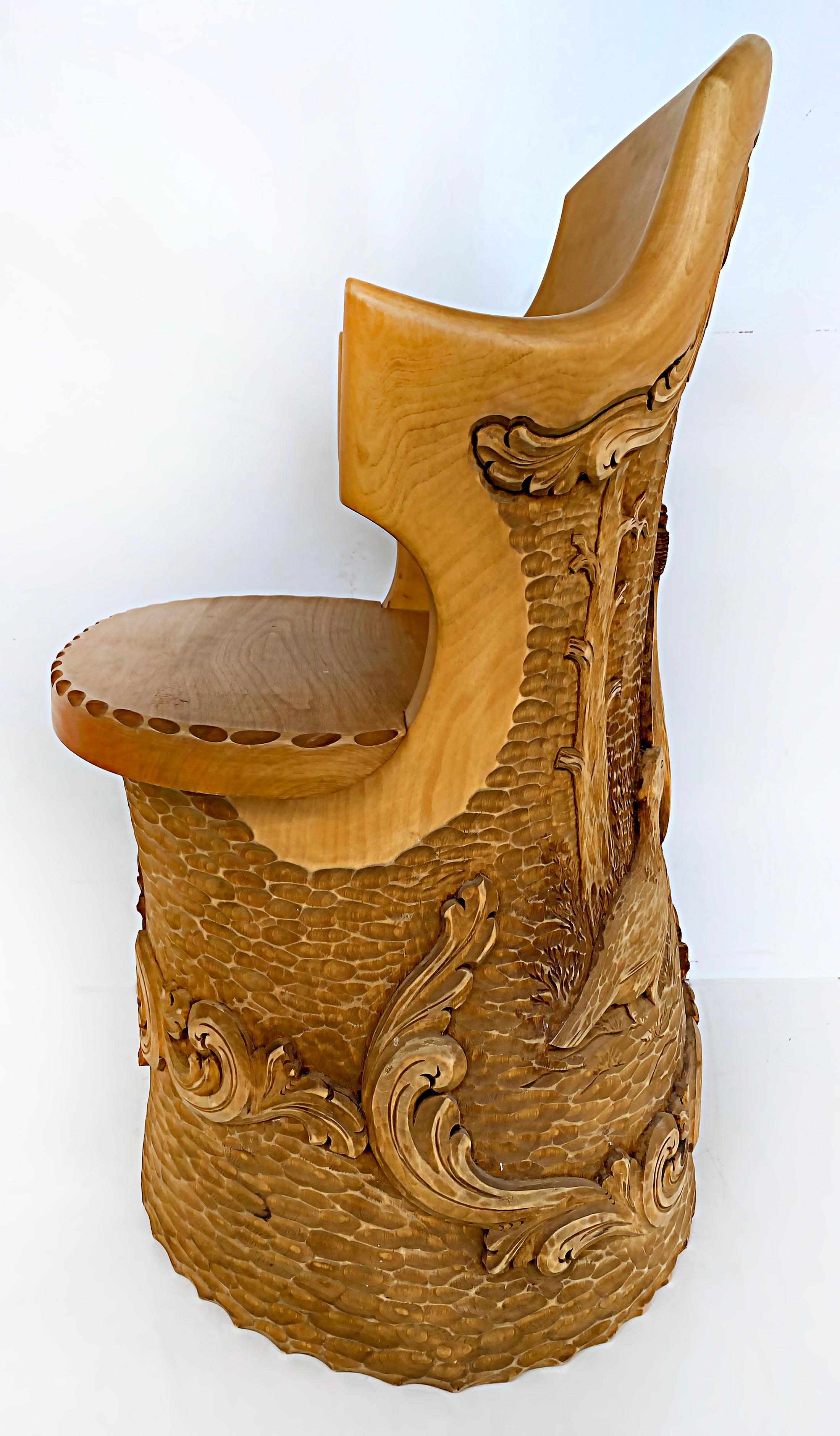 Norwegian Carved Kubbestol Chairs Hand-Carved Tree Trunks with Birds and Turkey For Sale 2