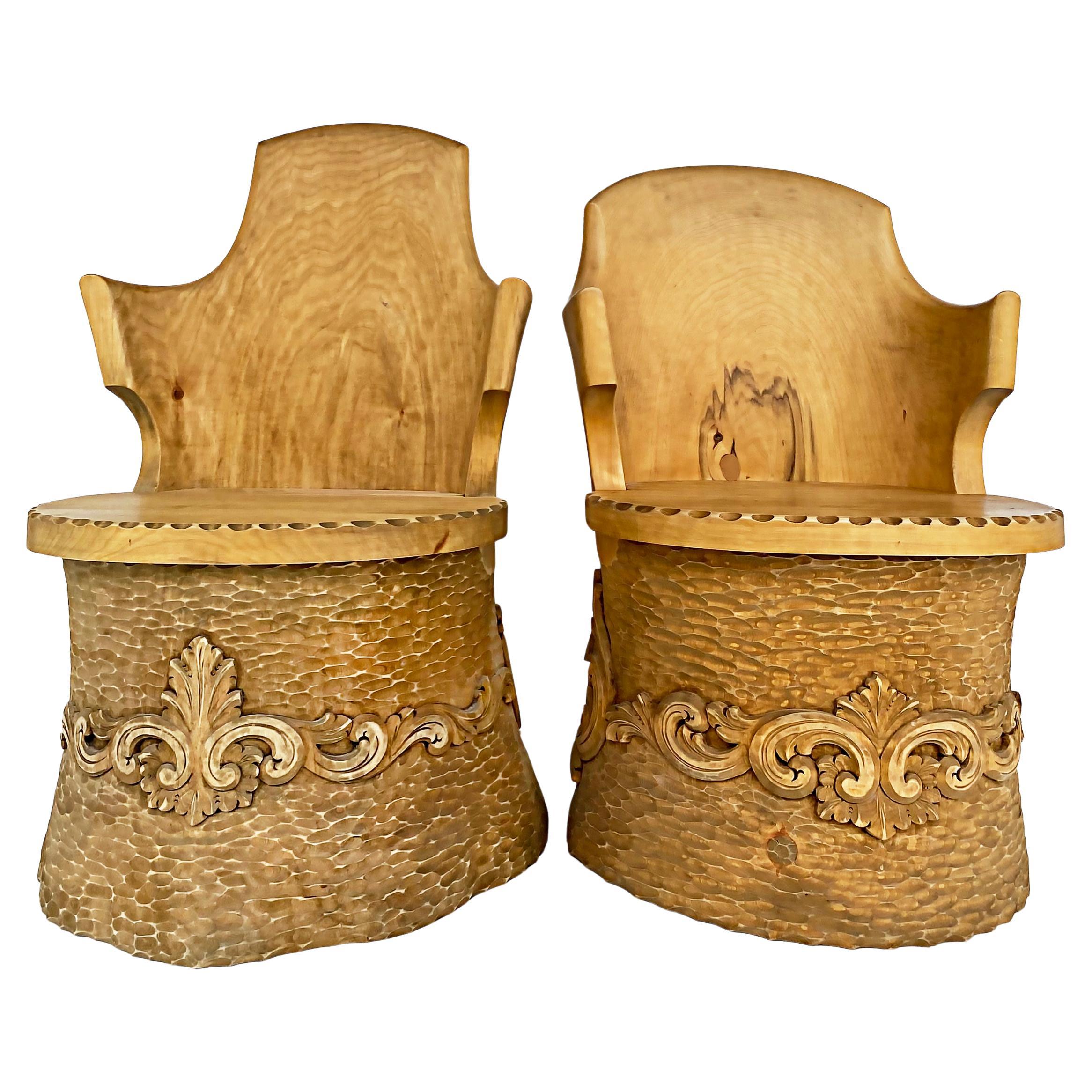 Norwegian Carved Kubbestol Chairs Hand-Carved Tree Trunks with Birds and Turkey For Sale