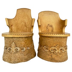 Retro Norwegian Carved Kubbestol Chairs Hand-Carved Tree Trunks with Birds and Turkey