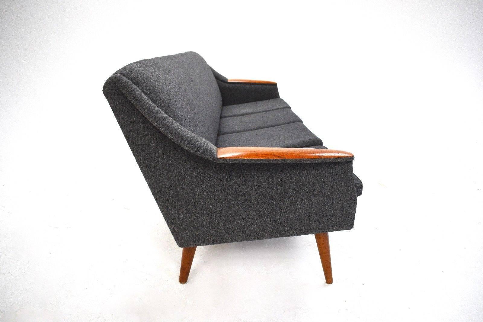 20th Century Norwegian Charcoal Grey Wool and Teak Four-Seat Sofa Midcentury, 1960s For Sale