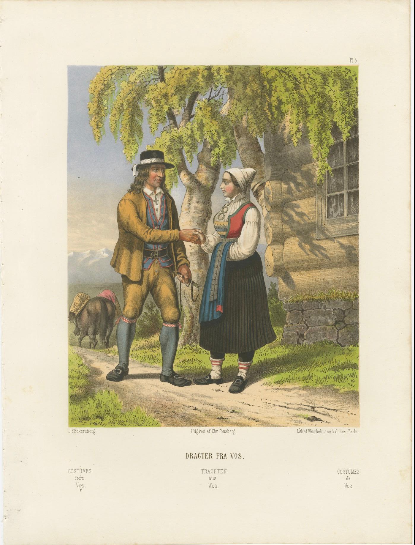 Norwegian Folk Costumes from Vos – Tonsberg Edition, 1860s

This richly detailed 19th-century chromolithograph illustrates traditional male and female costumes from Vos, today known as Voss, a culturally significant area in western Norway. The scene