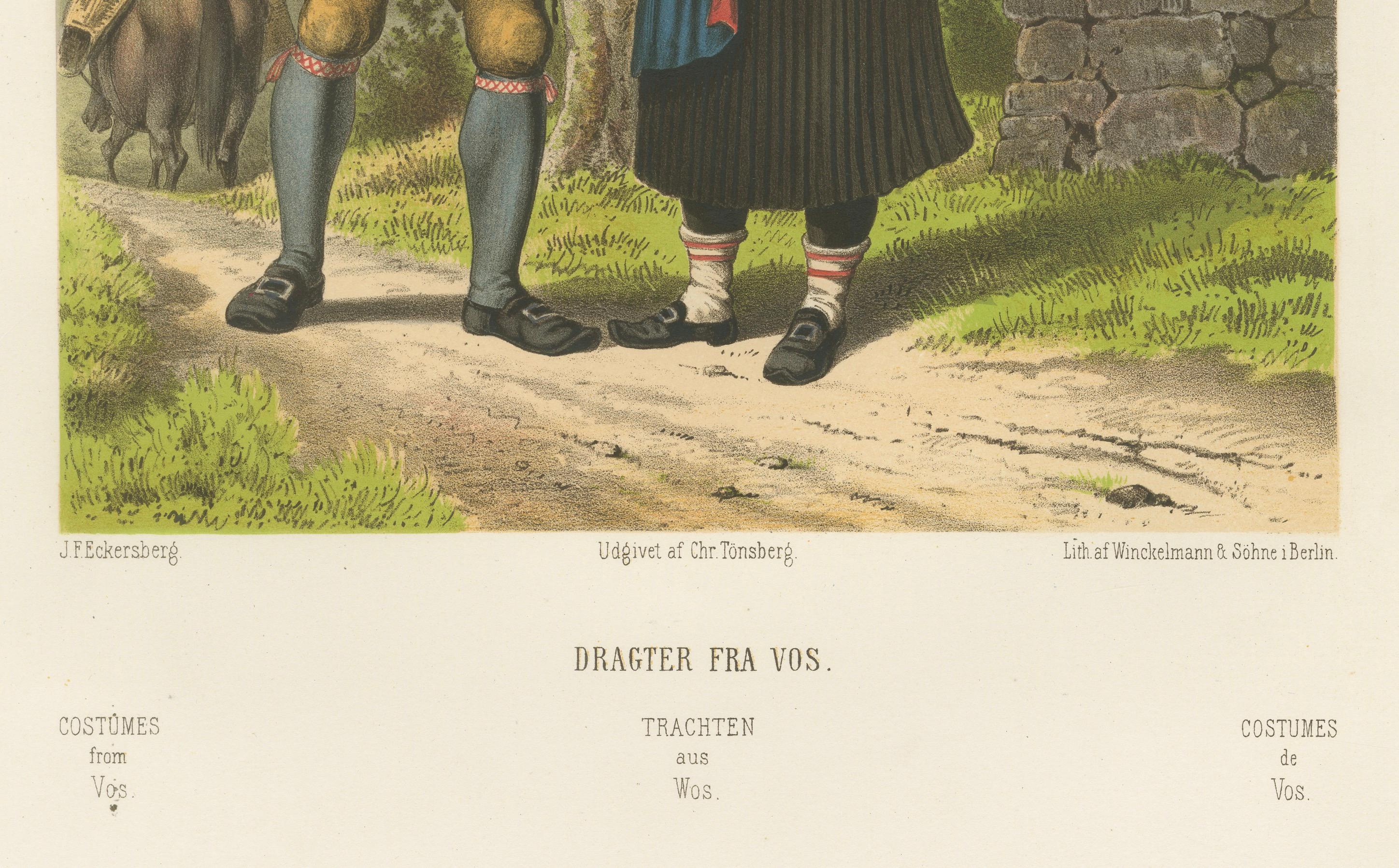 Tedesco Norwegian Country Attire – Vos Folk Dress, Antique Chromolithograph, c.1860 in vendita