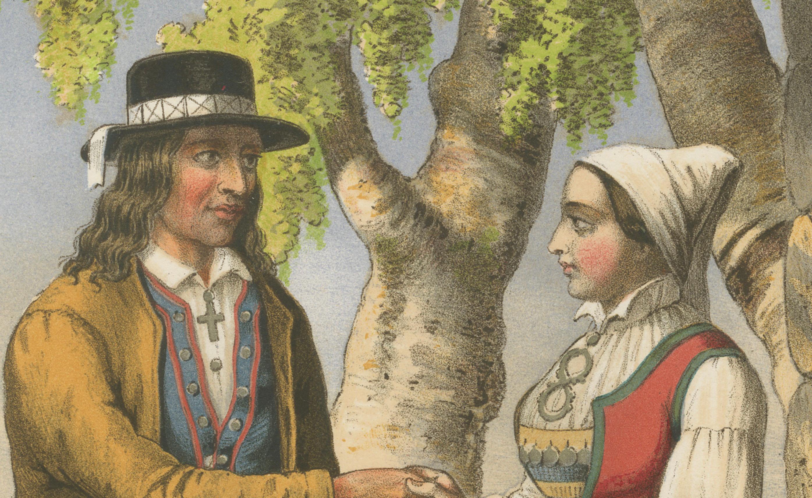 Metà XIX secolo Norwegian Country Attire – Vos Folk Dress, Antique Chromolithograph, c.1860 in vendita