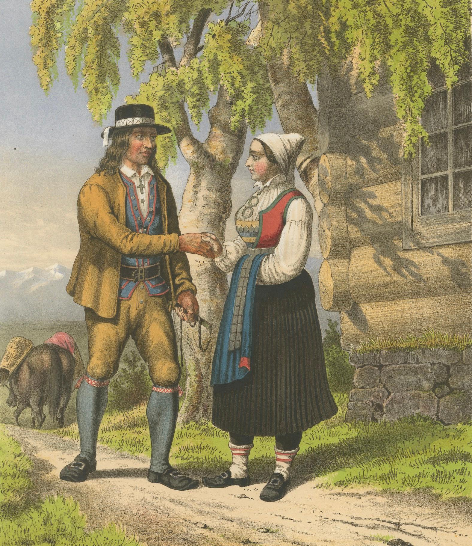 Carta Norwegian Country Attire – Vos Folk Dress, Antique Chromolithograph, c.1860 in vendita