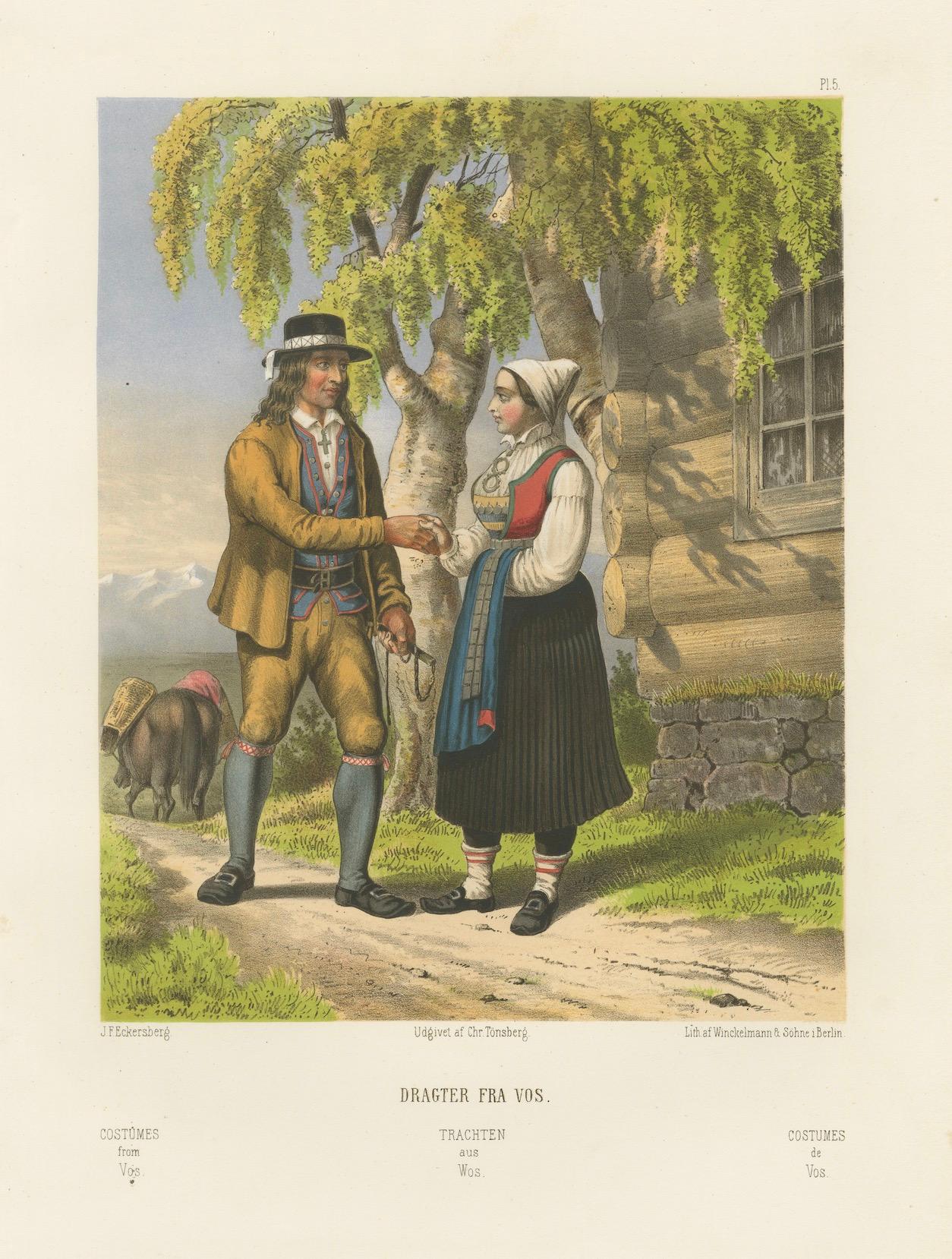 Norwegian Country Attire – Vos Folk Dress, Antique Chromolithograph, c.1860 in vendita 1