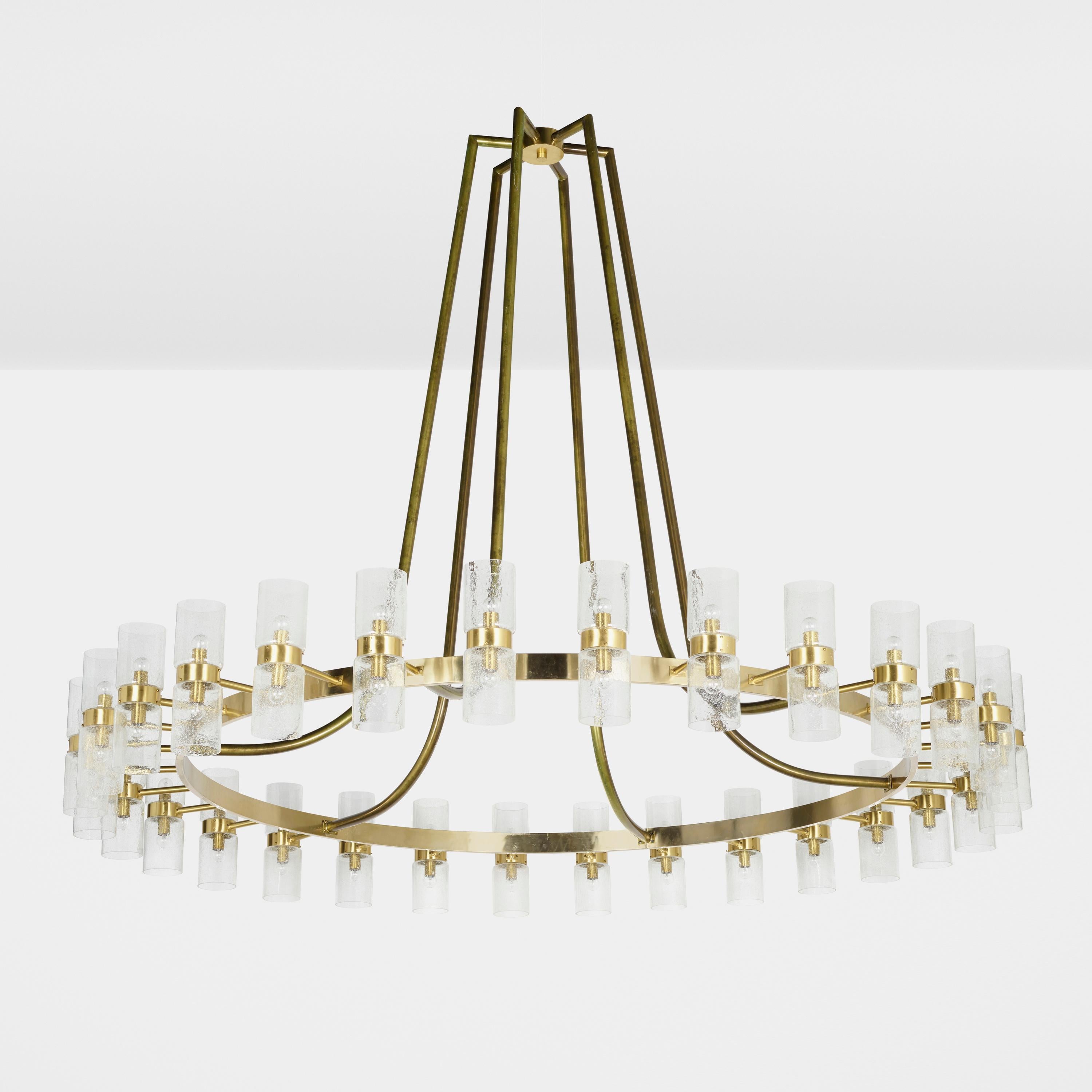 A monumental brass and glass chandelier designed and produced in Norway, c. 1965.