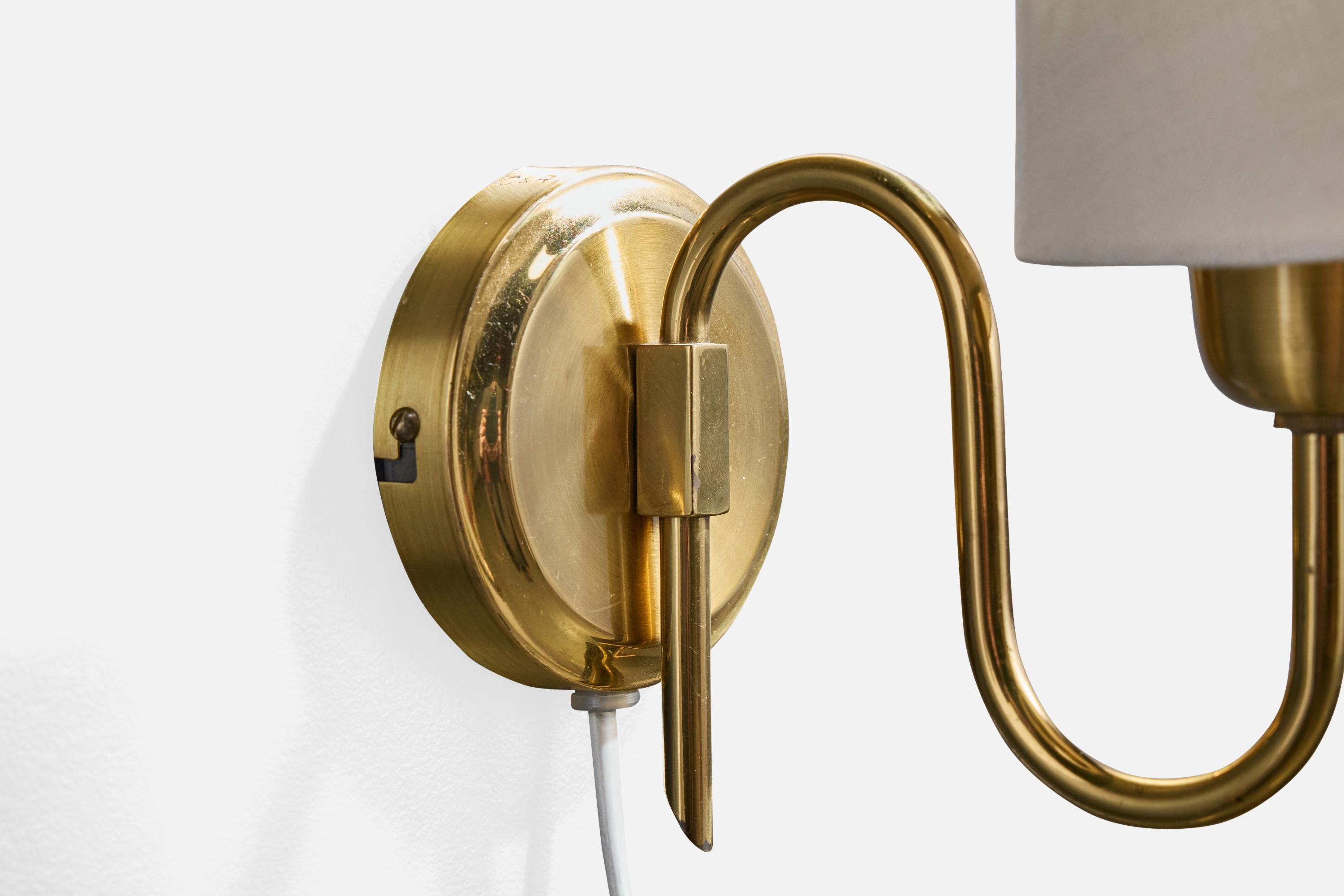 Mid-20th Century Norwegian Designer, Wall Light, Brass, Fabric, Norway, 1950s For Sale