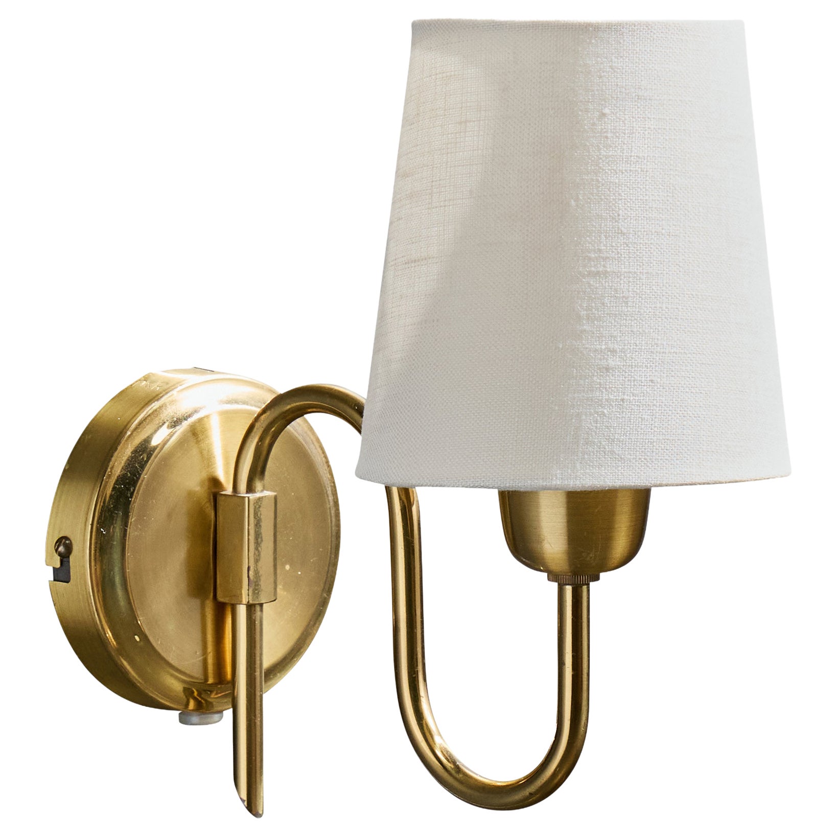 Norwegian Designer, Wall Light, Brass, Fabric, Norway, 1950s For Sale