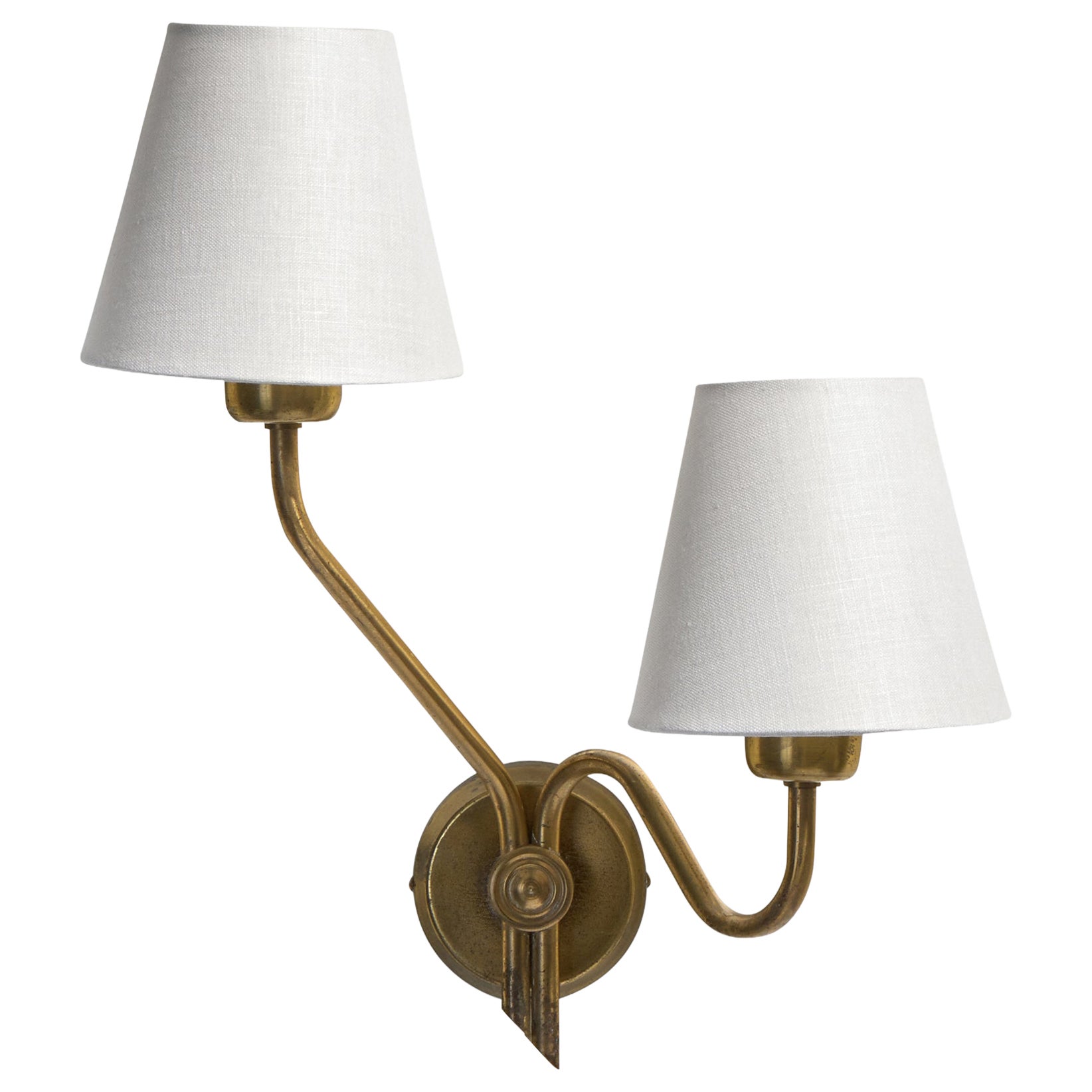 Norwegian Designer, Wall Light, Brass, Fabric, Norway, 1950s