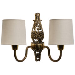 Norwegian Designer, Wall Light, Brass, Fabric, Norway, 1950s