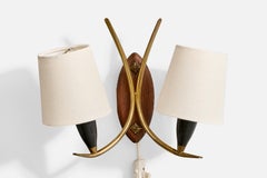 Norwegian Designer, Wall Light, Brass, Metal, Teak, Fabric, Norway, 1950s