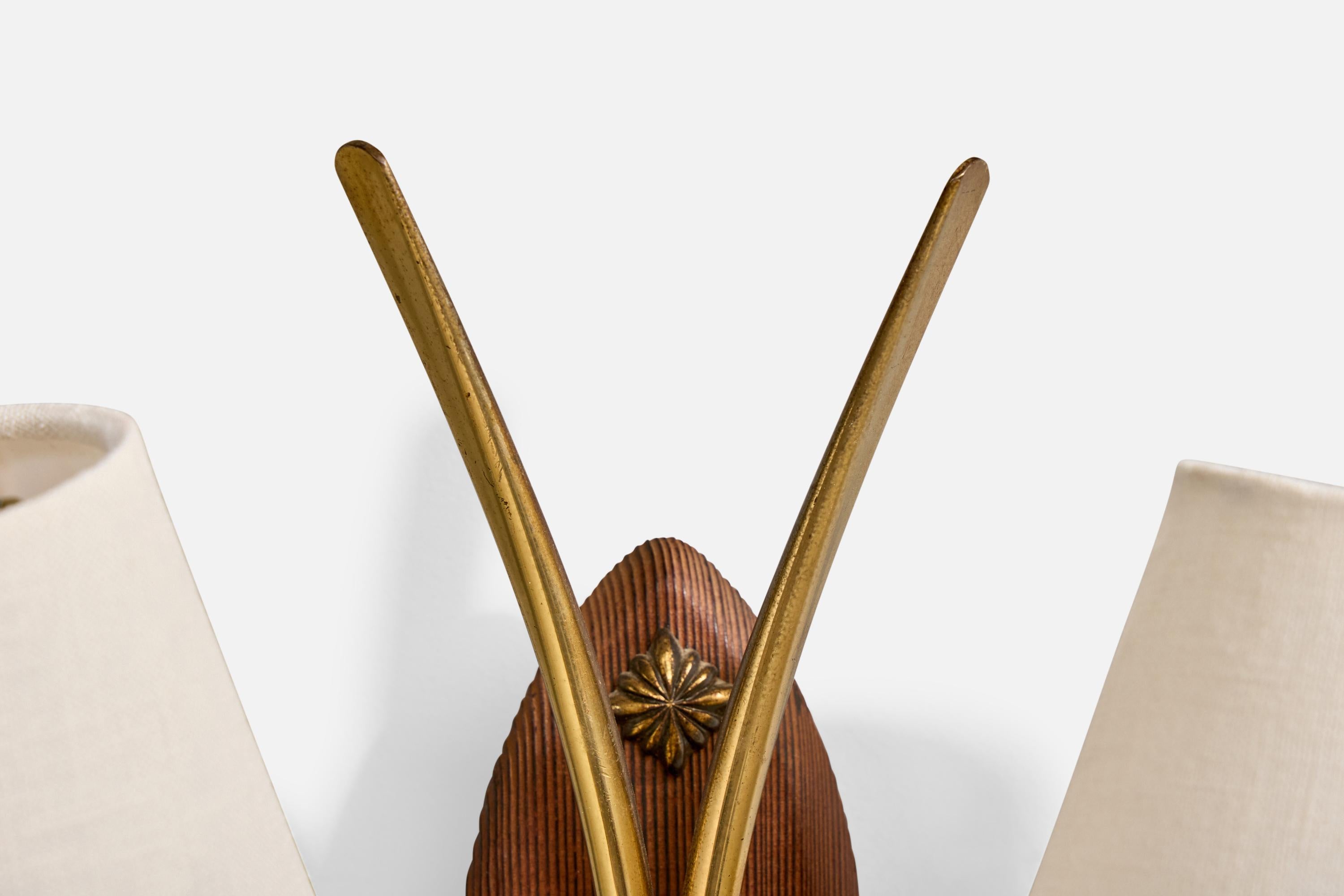 Norwegischer Designer, Wandleuchte, Messing, Metall, Teakholz, Stoff, Norwegen, 1950er Jahre im Angebot 2