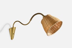 Norwegian Designer, Wall Light, Brass, Rattan, Norway, 1950s