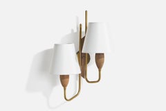Norwegian Designer, Wall Light, Brass, Teak, Fabric, Norway, 1950s