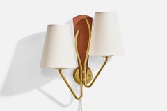 Norwegian Designer, Wall Light, Brass, Teak, Fabric, Norway, 1950s