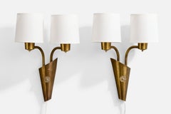 Norwegian Designer, Wall Lights, Brass, Fabric, Norway, 1950s
