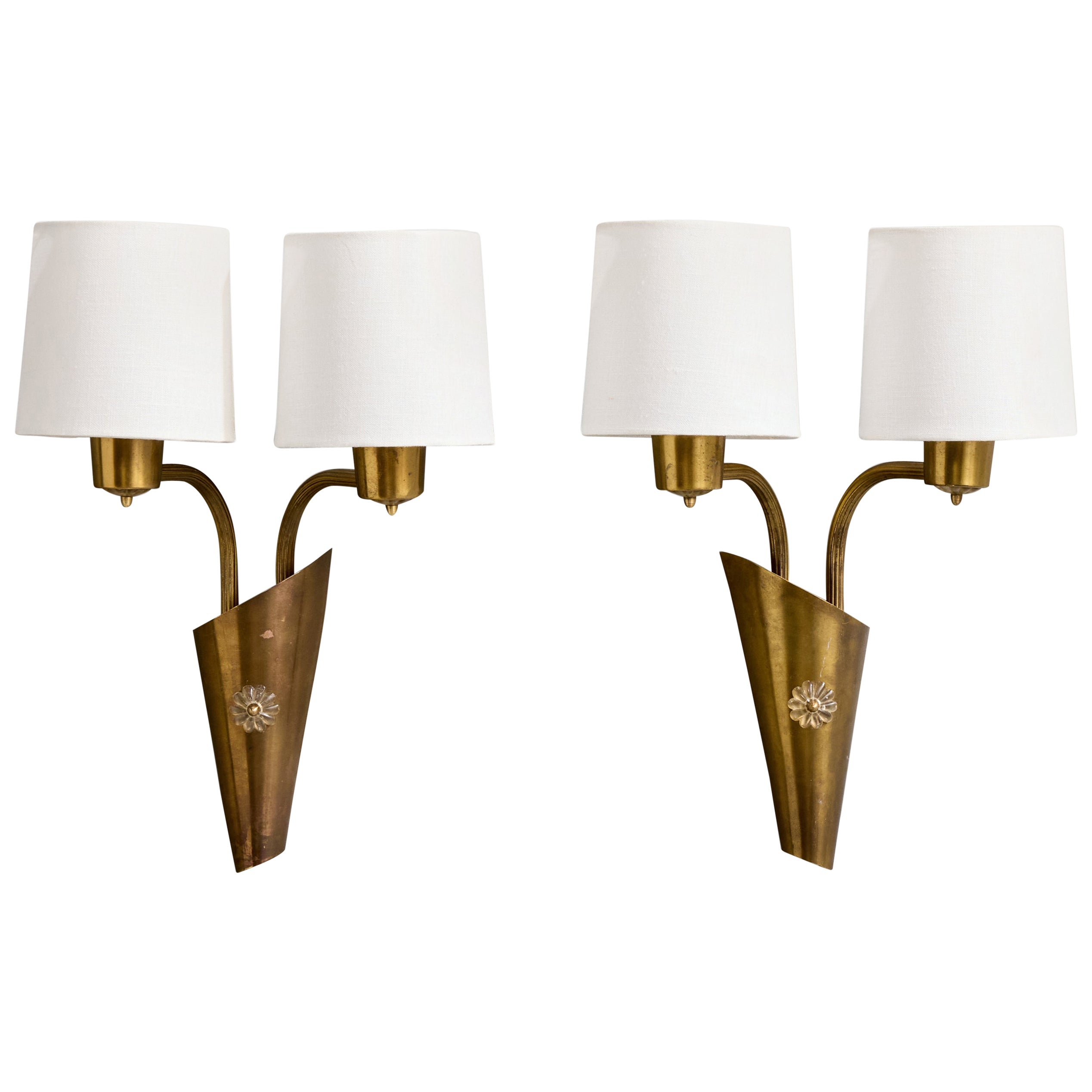 Norwegian Designer, Wall Lights, Brass, Fabric, Norway, 1950s