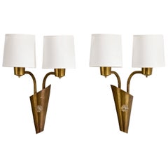 Norwegian Designer, Wall Lights, Brass, Fabric, Norway, 1950s