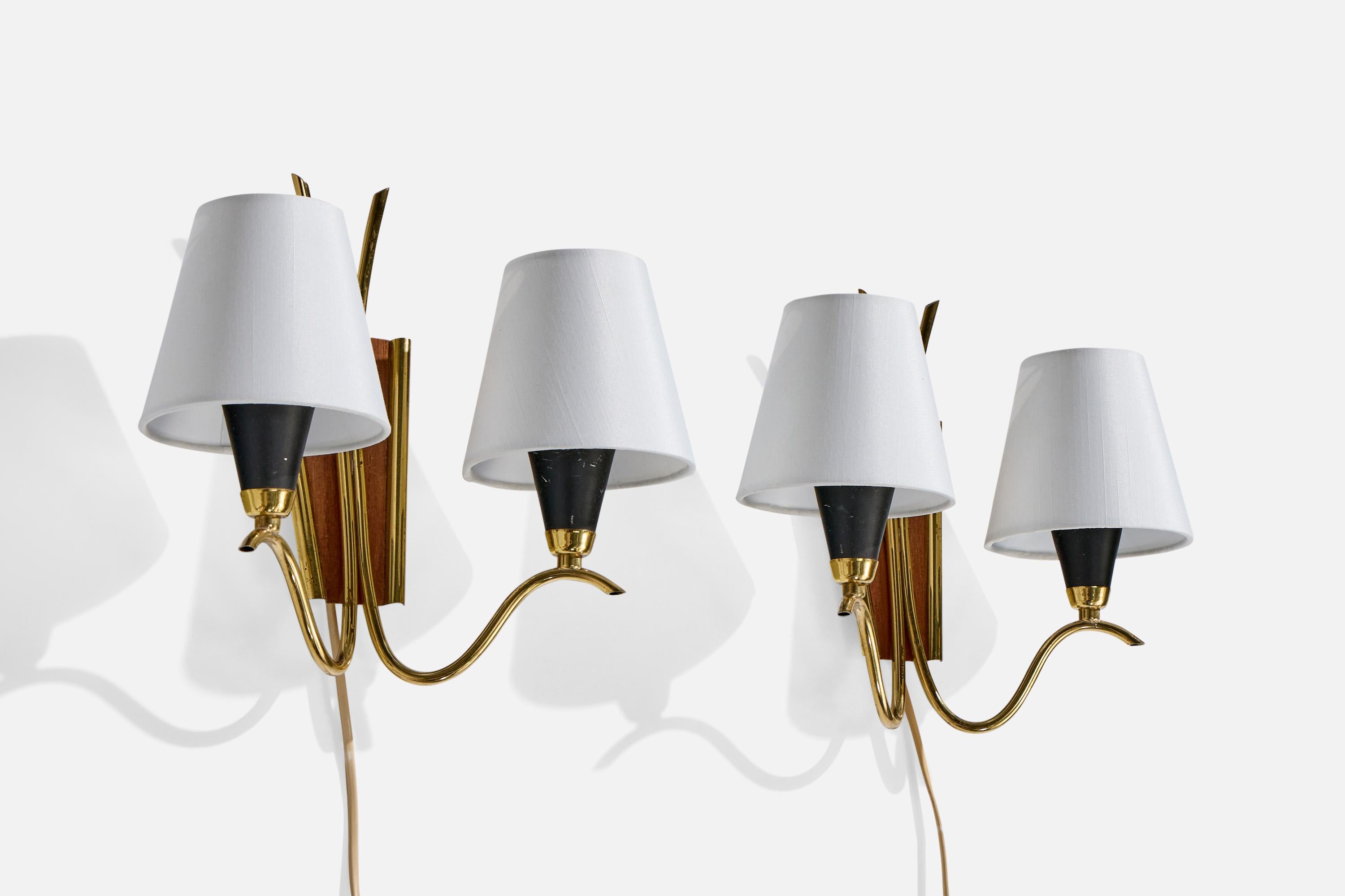 Mid-Century Modern Norwegian Designer, Wall Lights, Brass, Metal, Teak, Fabric, Norway, 1950s For Sale