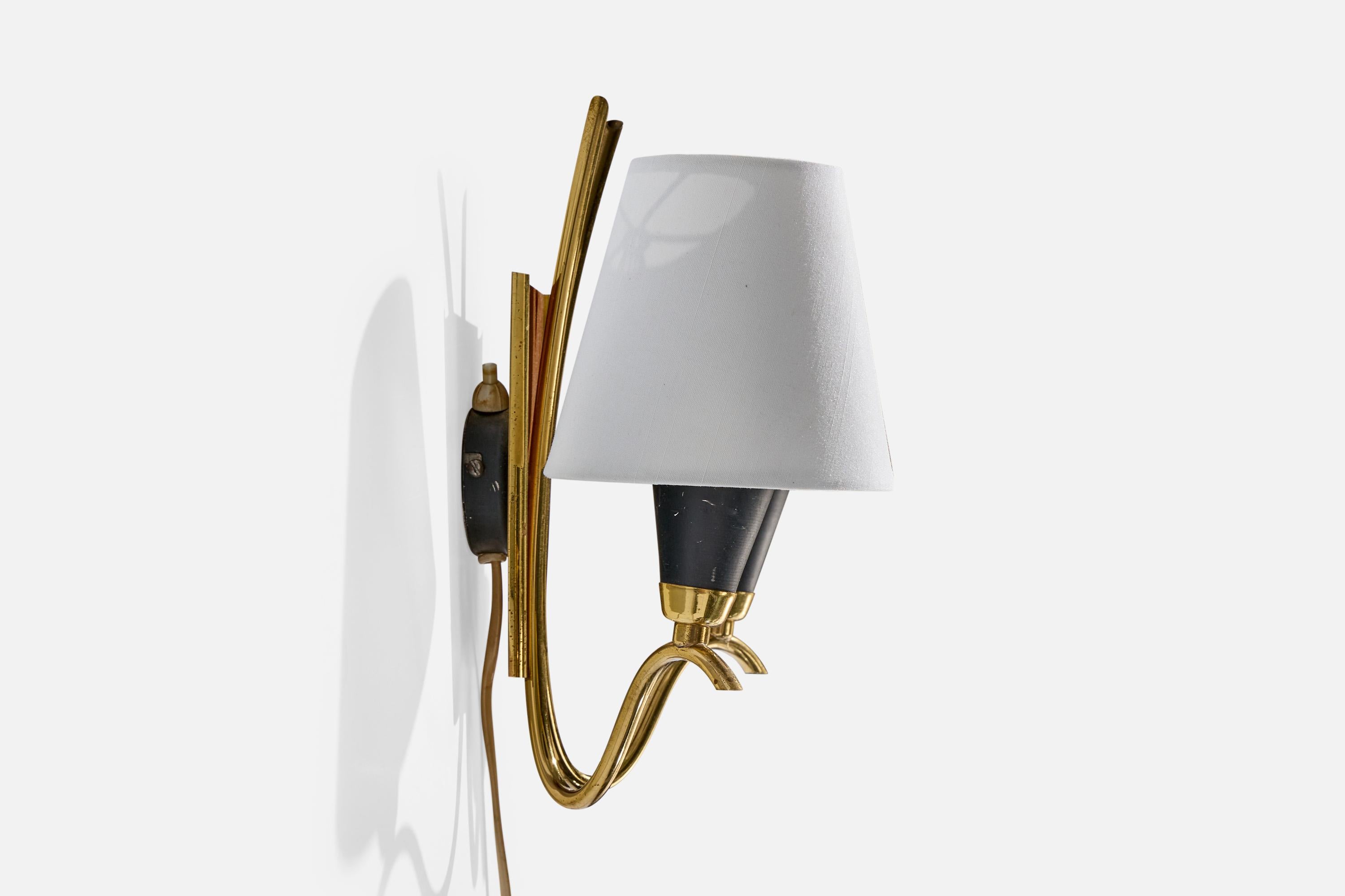 Mid-20th Century Norwegian Designer, Wall Lights, Brass, Metal, Teak, Fabric, Norway, 1950s For Sale