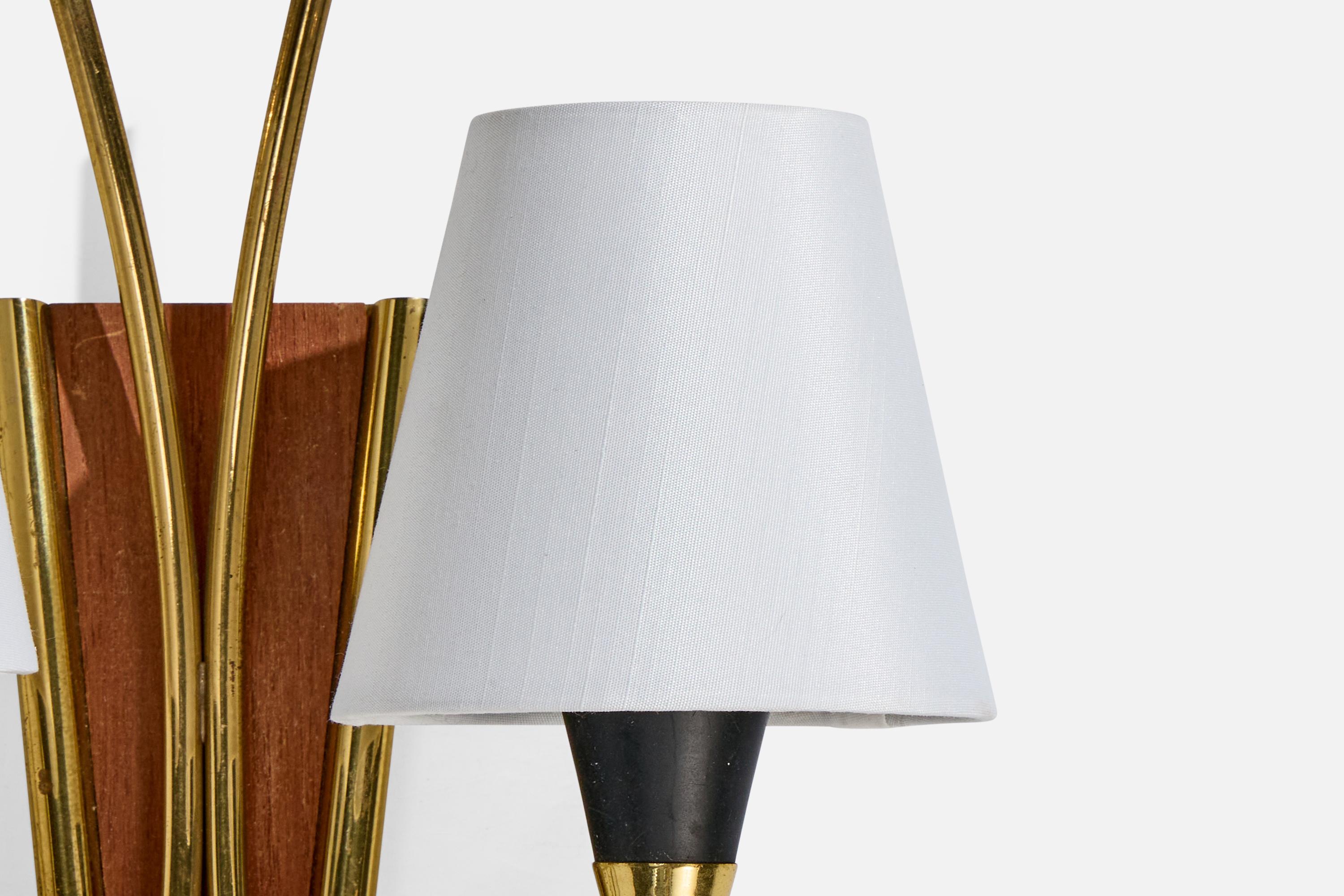 Norwegian Designer, Wall Lights, Brass, Metal, Teak, Fabric, Norway, 1950s For Sale 3
