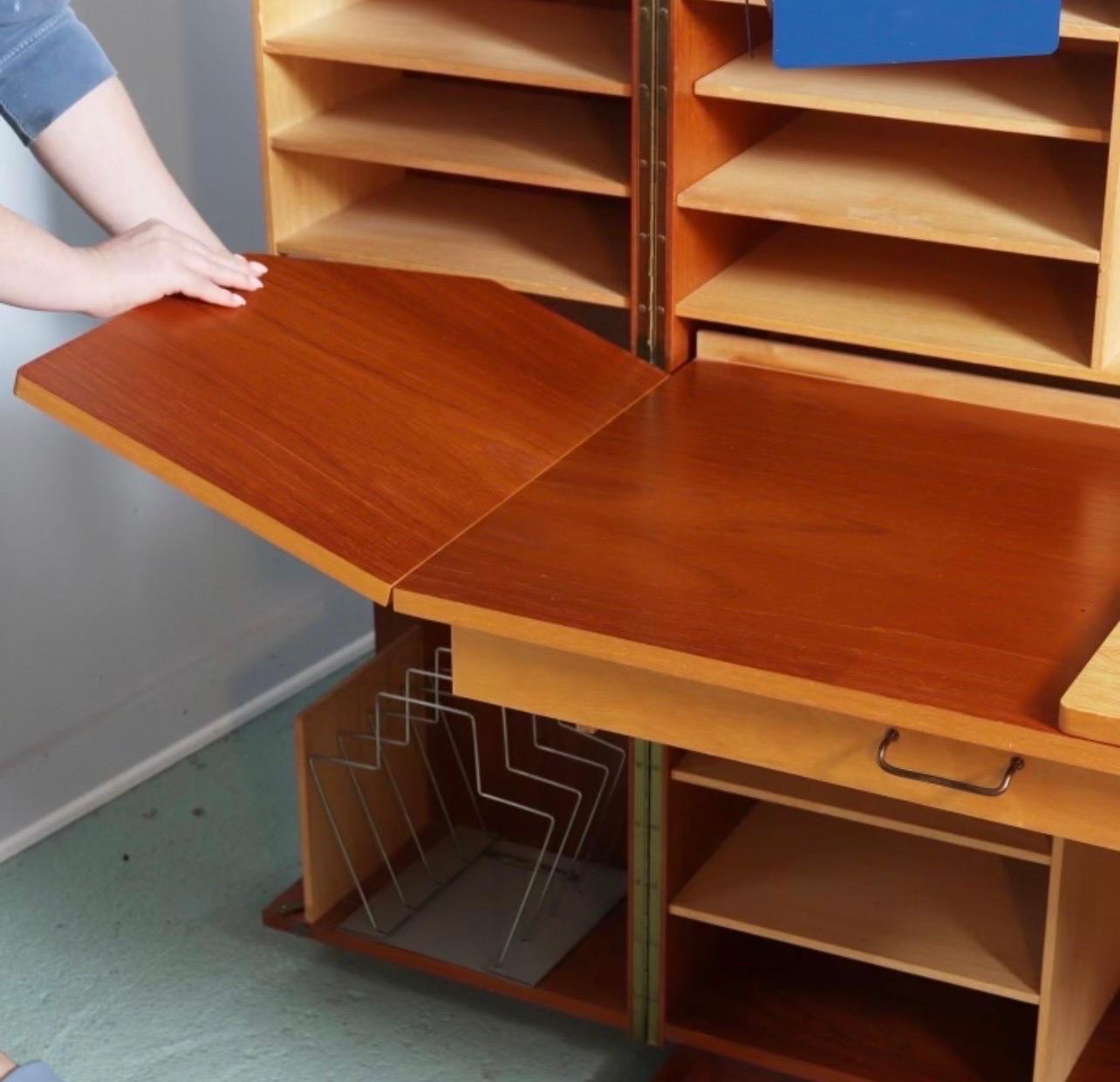 20th Century Norwegian Expandable Teak Hideaway Desk with Flexible Storage Lighting Shelving 