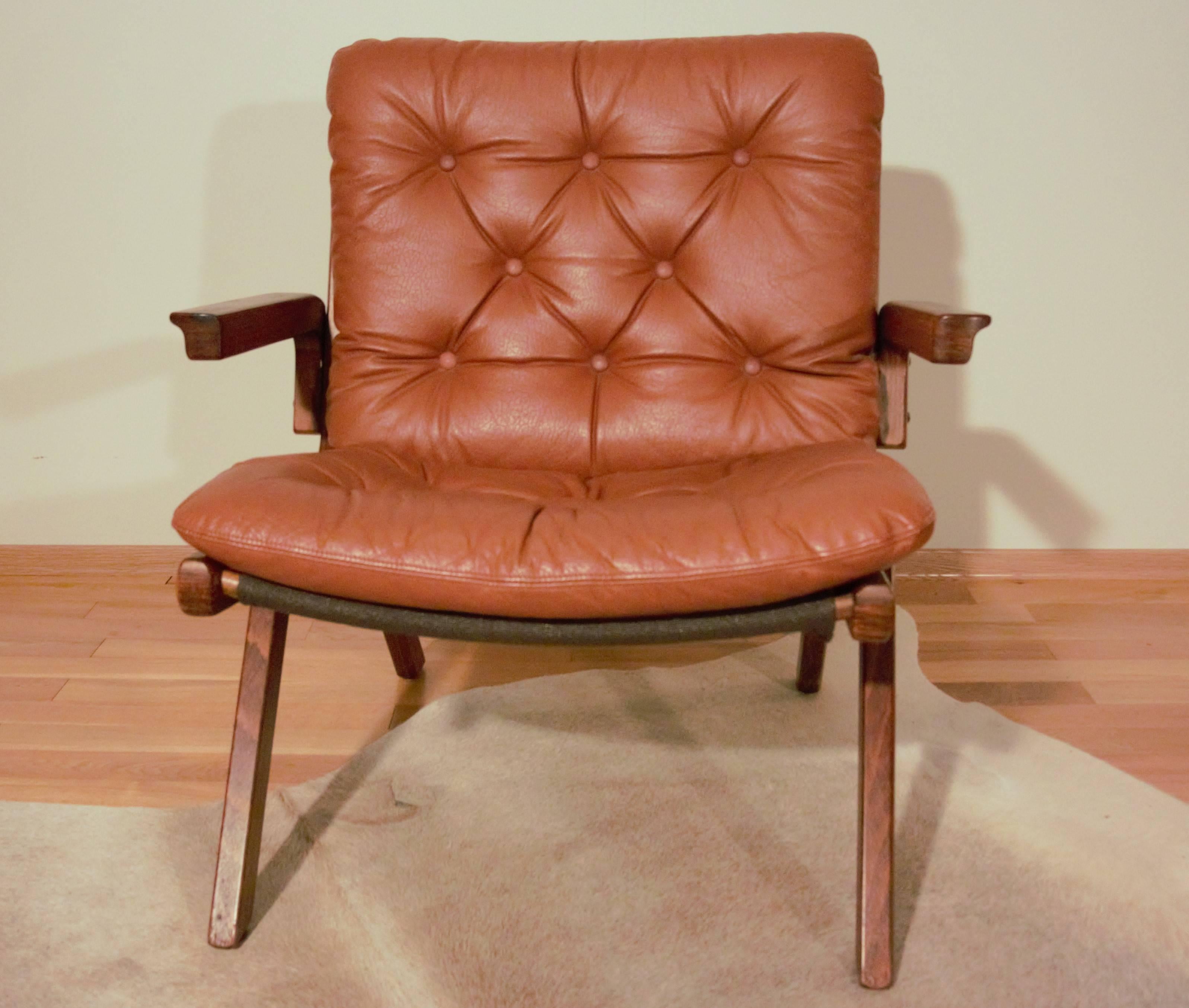Laminated Norwegian Folding Uno Chair in Cognac Leather, 1970s For Sale