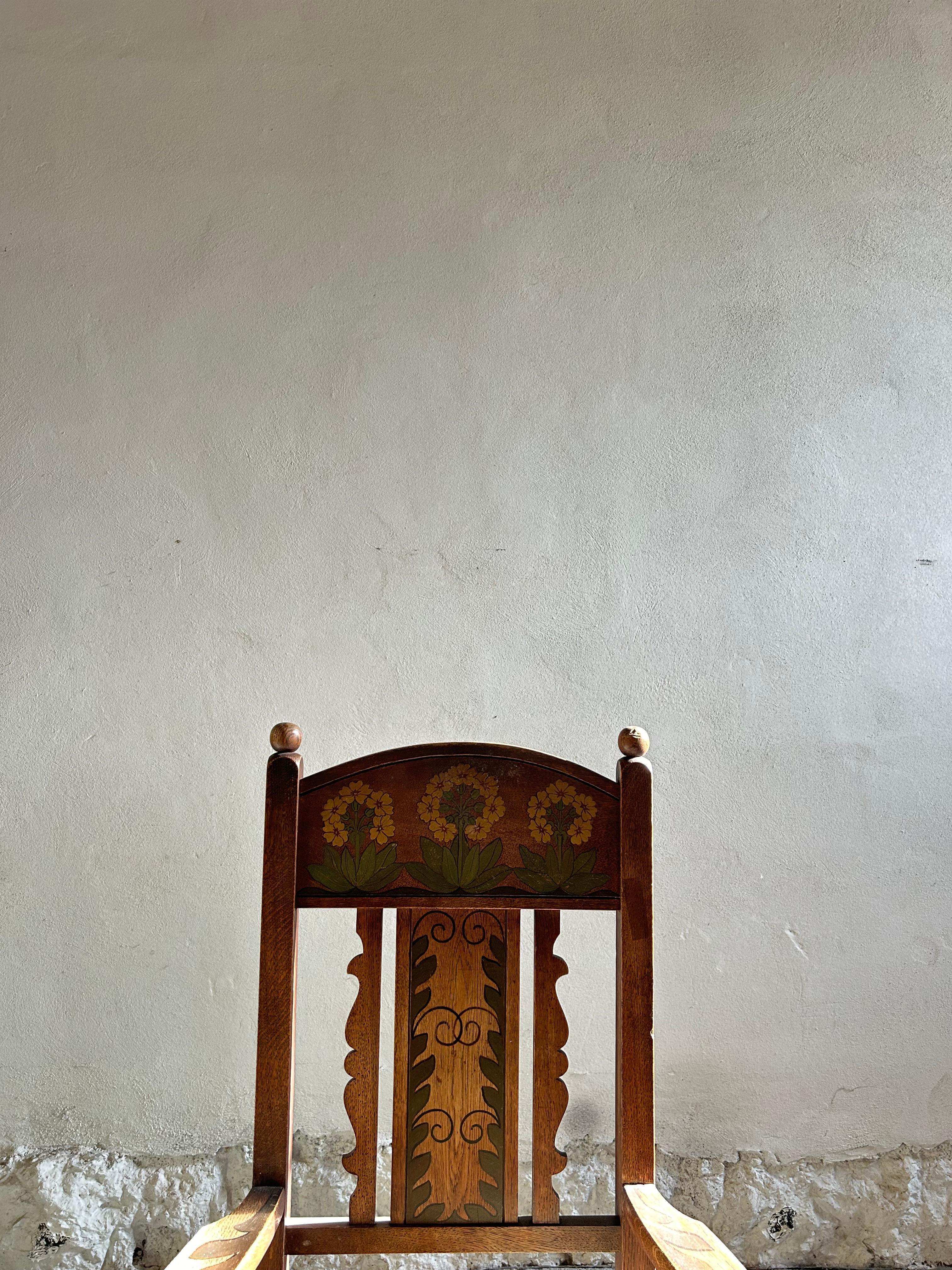 Hand-Crafted Norwegian Folk Art Armchair in oak, Norway 1880’s. For Sale