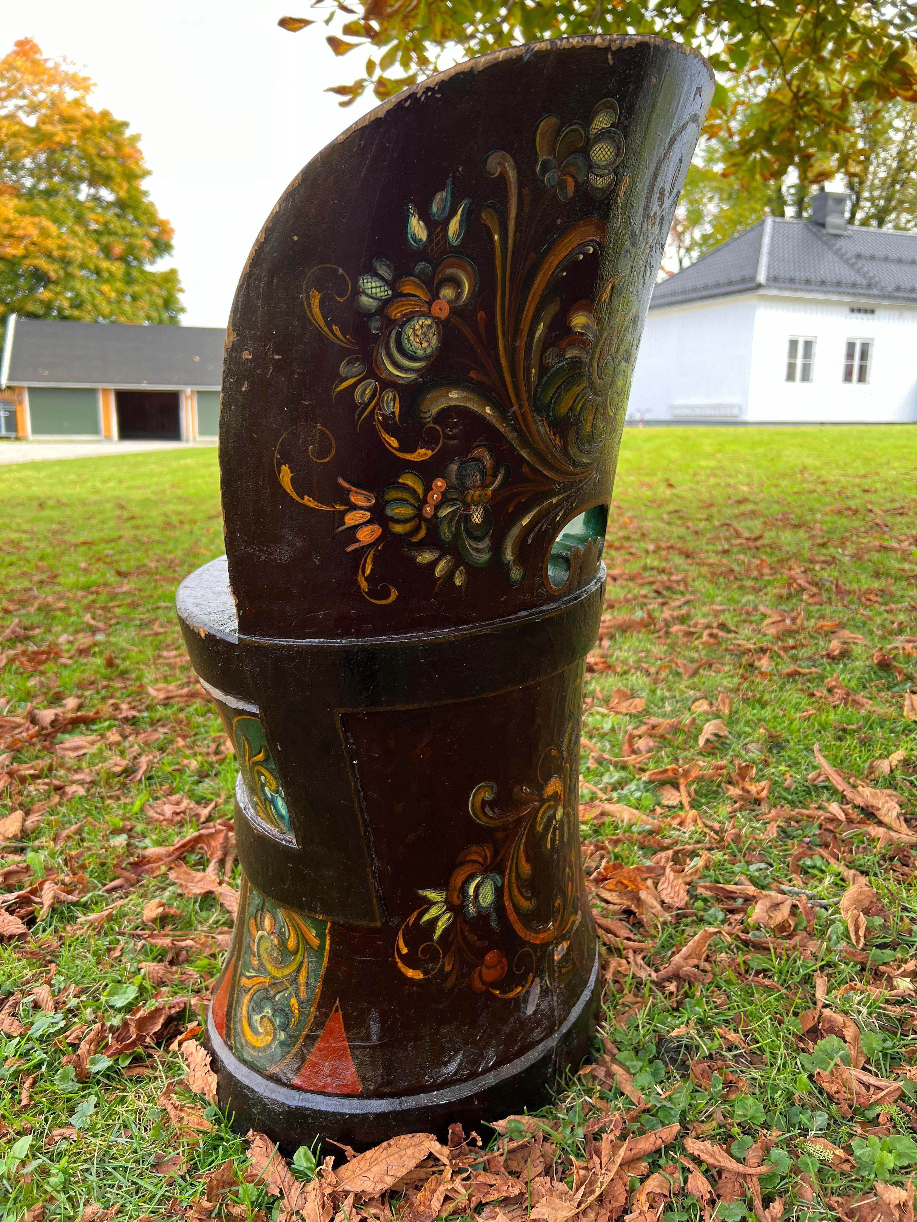 Rare Norwegian Kubbestol, Primitive Telemark Rosemaling, Norway, c.1880-1920 For Sale 4