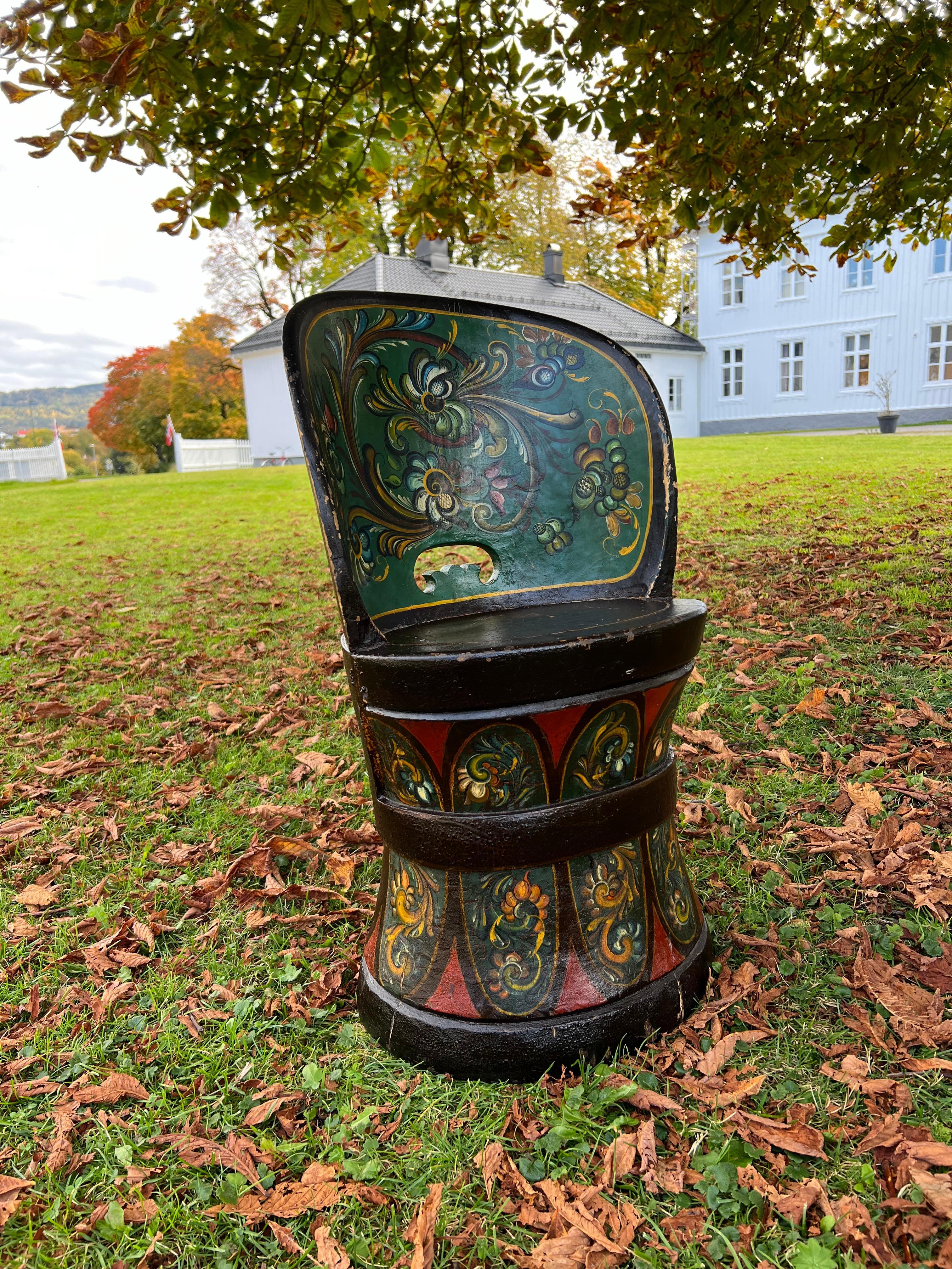 19th Century Rare Norwegian Kubbestol, Primitive Telemark Rosemaling, Norway, c.1880-1920 For Sale
